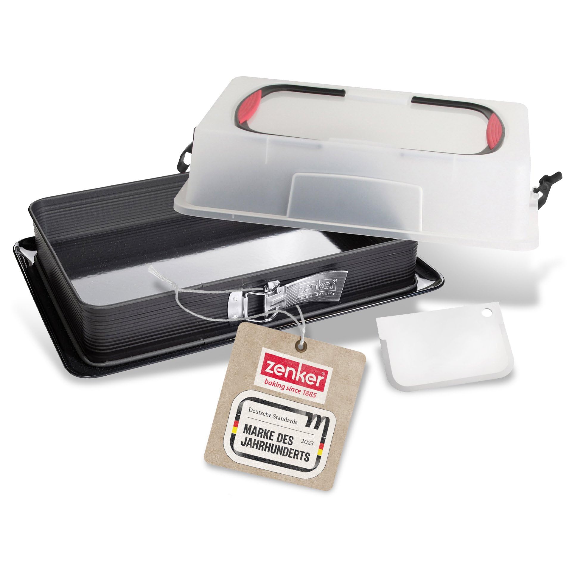 Zenker Rechteck-Springform mit Haube DELUXE, Kuchentransportbox mit Emaille-Boden, Backblech mit Deckel (Farbe: Schwarz/Transparent/Rot), Menge: 1 Stück