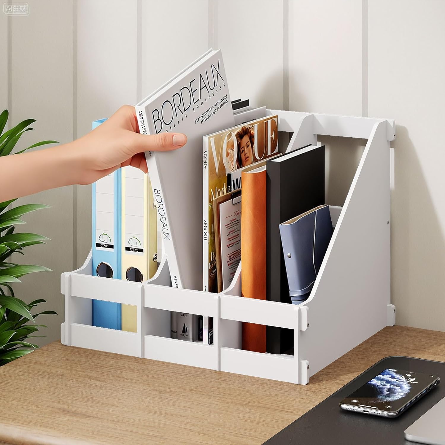 Bamboo Desktop Magazine Holder Desk File Organizer 3 Compartments Vertical File Dividers Book Holder Frames Document Cabinet Rack Storage Organizer Box for Home Office School Black (White)