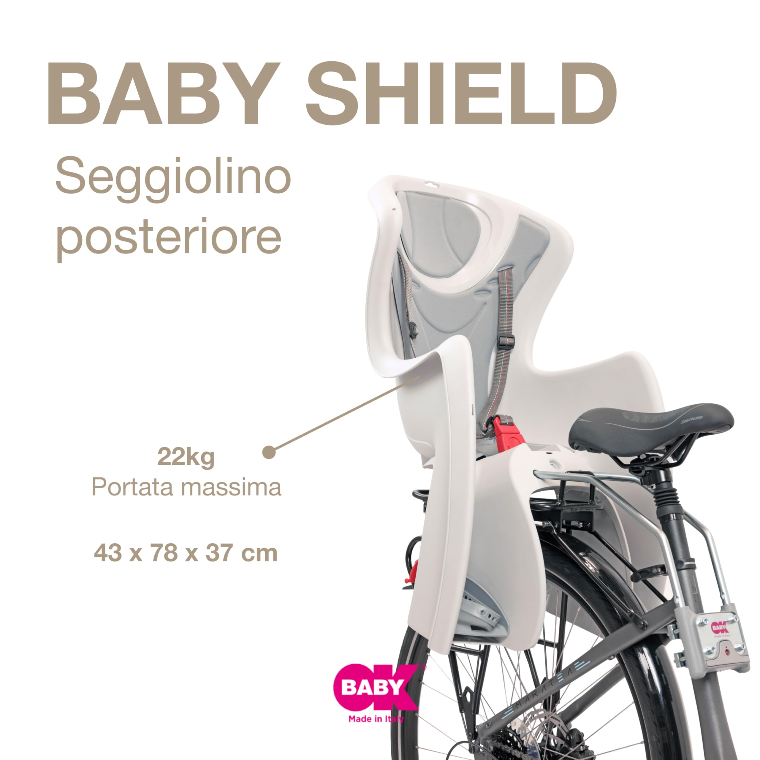 OKBABY Baby Shield - Seggiolino da Bicicletta Posteriore per Bambini, Portata Massima: 22 kg, Per telai con diametro compreso tra 28 mm e 40 mm, Argento