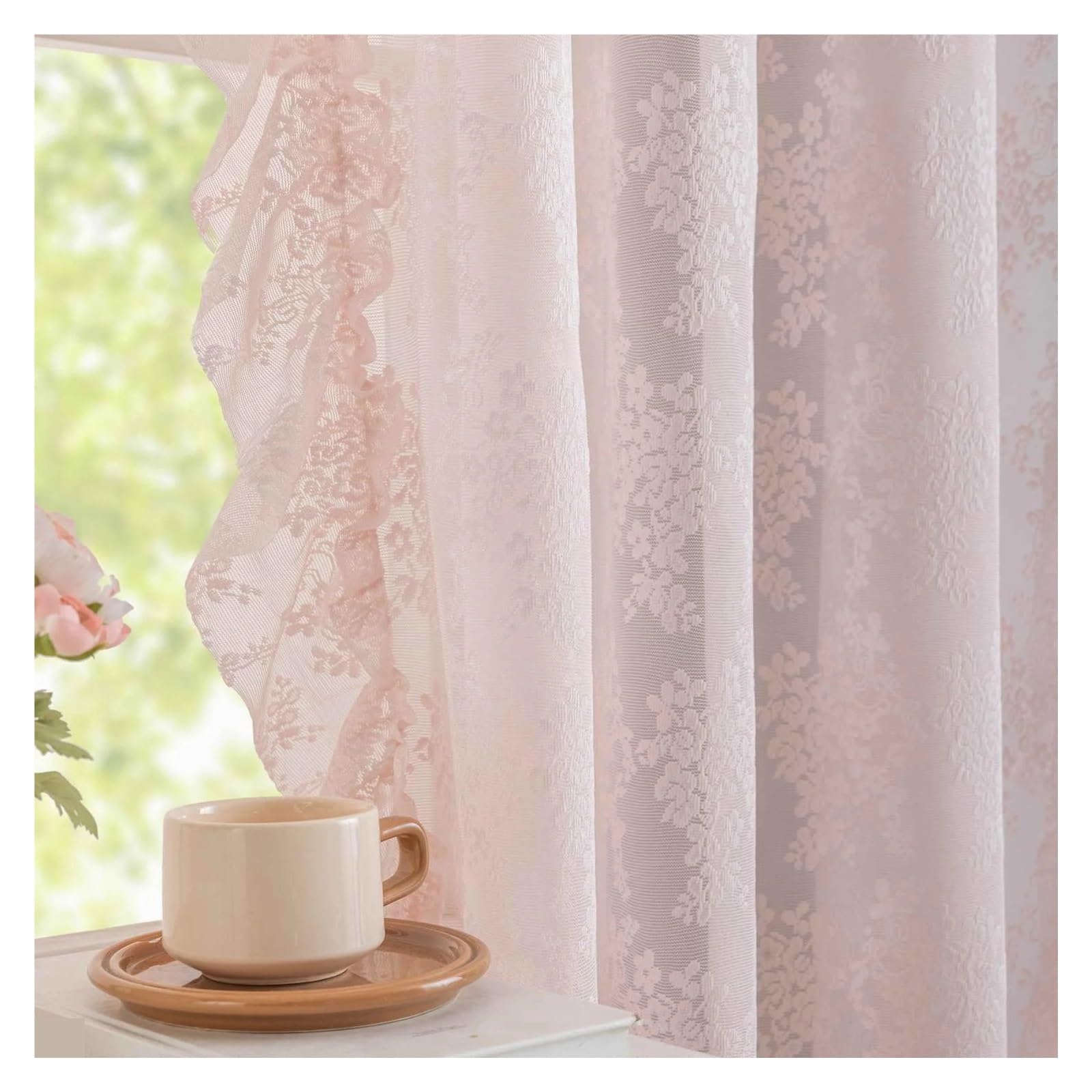 HEUchuan Ruffled Curtains Pink Lace Ruffled Sheer Curtain for Living Room,Vintage Floral Light Filter Tulle Drapes for Girls Bedroom Decor(SPECIAL ROD POCKET_1PC W100 X H160CM)