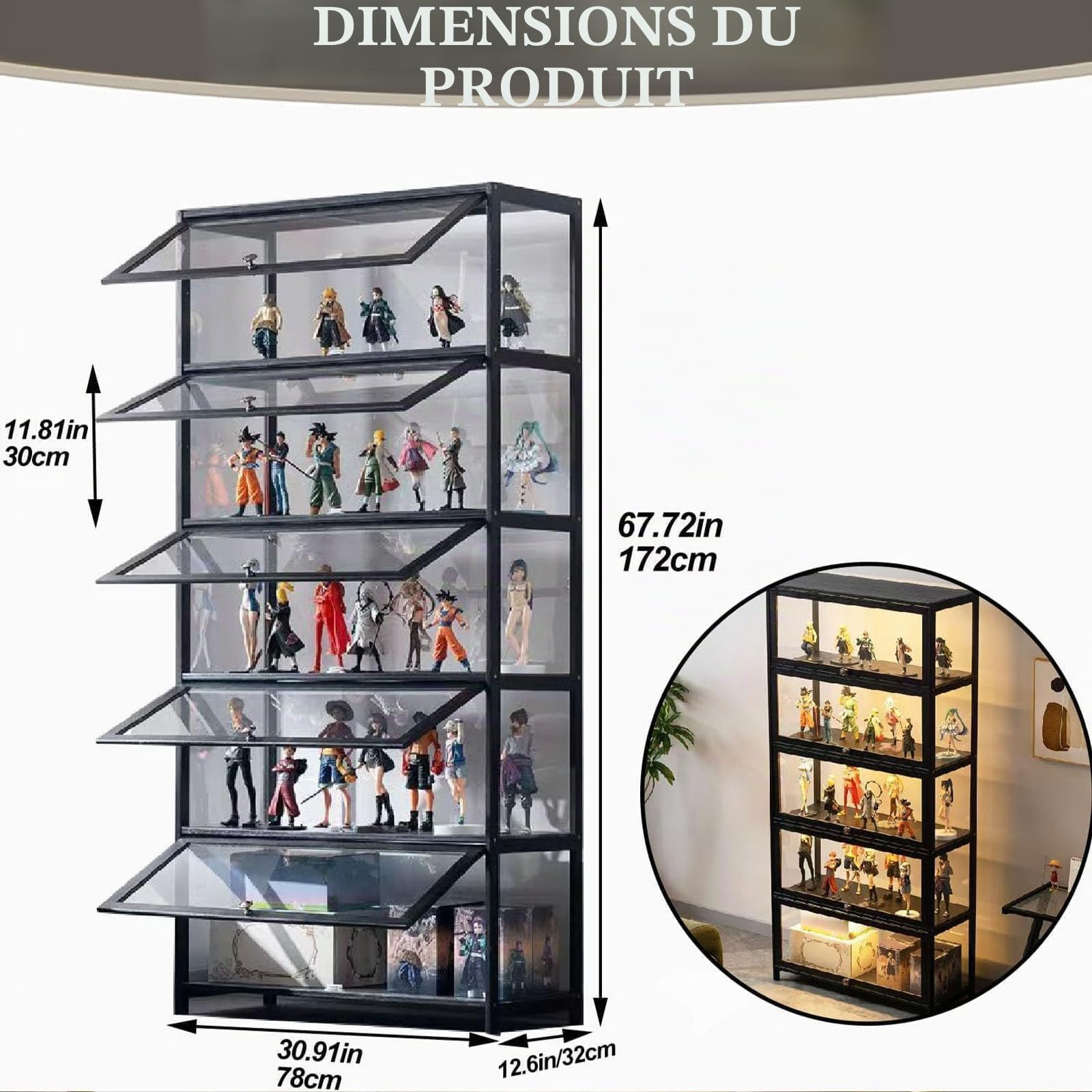 Cabinet d'exposition avec Porte en Verre Acrylique, boîte d'exposition Curio de 6 Niveaux, étagère de Collection de Jouets et étagères pour la Chambre