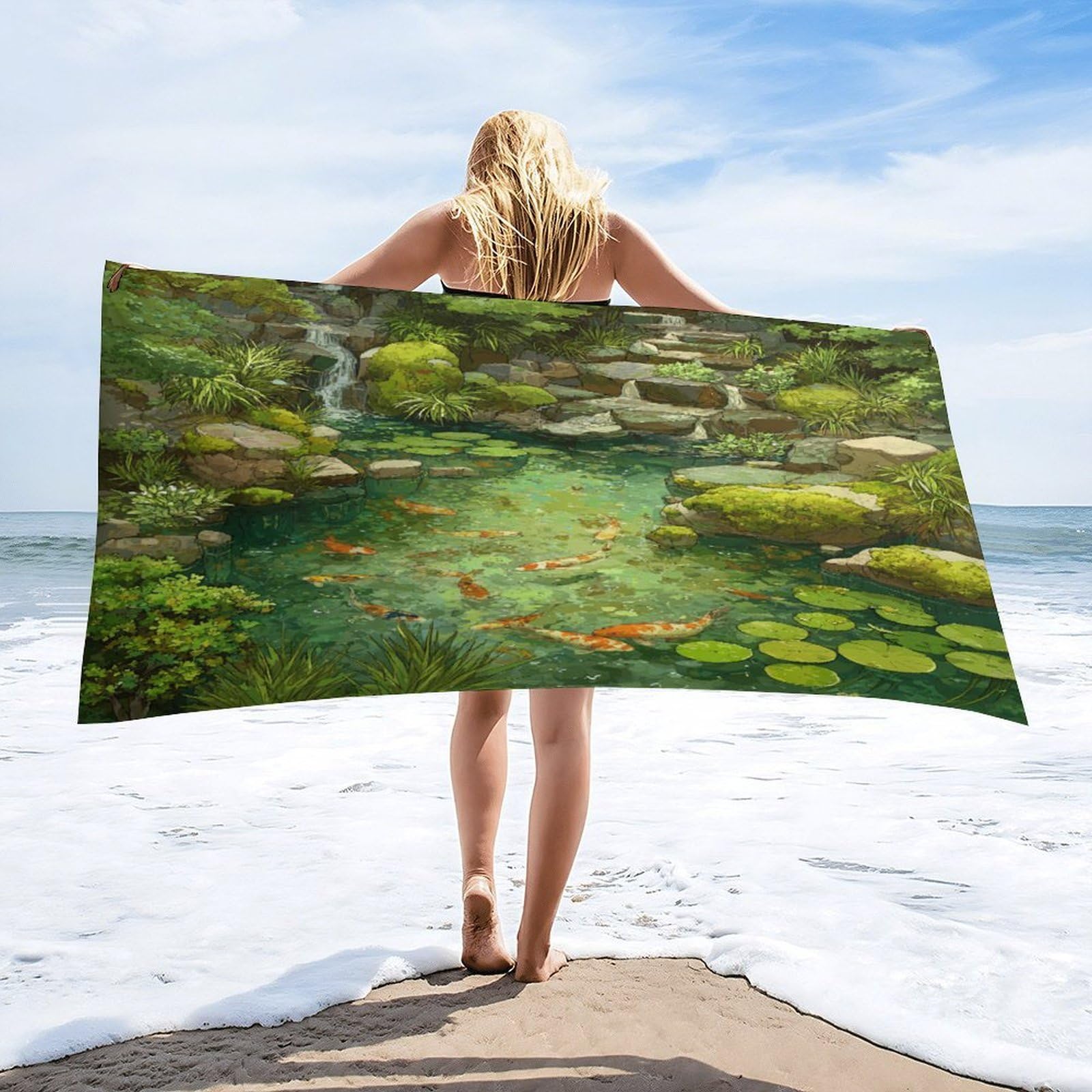 Luyysky Fantasy Beautiful Japanese Fish Quick-Drying Beach Towel, Rustic Vintage Waterfall Plant Lotus Leaves Animal Fish Travel Vacation Single Sided Pile Bathroom Towels-80 W Cm X 160" L Cm