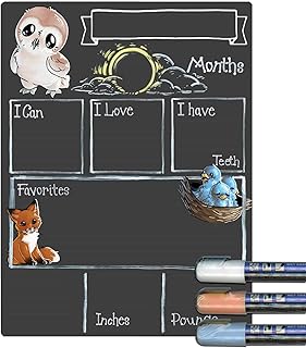Cohas Monthly Milestone Board for Baby with Woodland Theme, Reusable Chalkboard Style Surface, and Liquid Chalk Markers, 9 by 12 Inches, 3 Pastel Markers