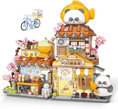 Miniatura 11 de Street View Tea Shop Mini bloques de construcción, MOC juguetes de construcción creativos lindos animales panda juego de construcción para niñas de
