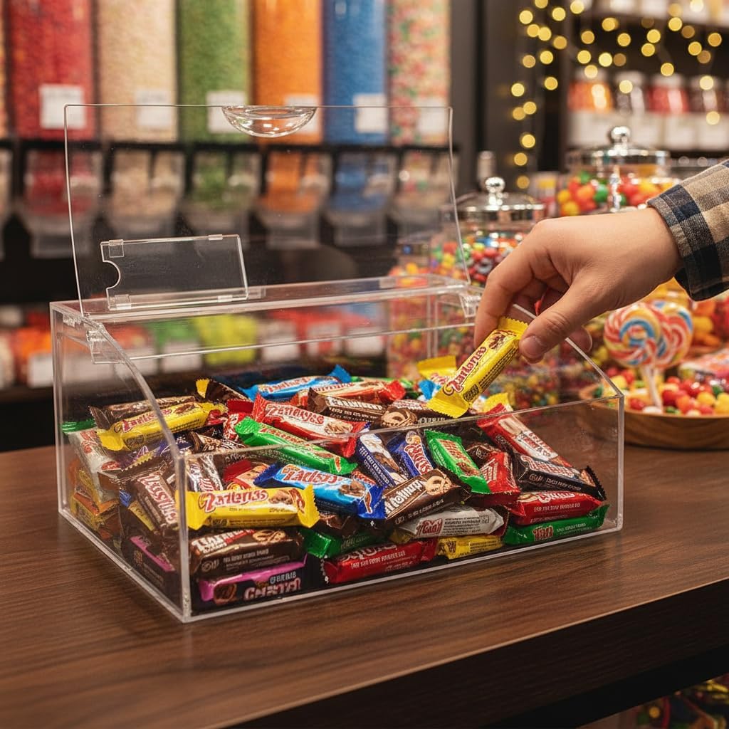 Azar Displays 400435 Hinged Candy Bin with Price Tag Slot – Clear Acrylic Dispenser, 7"H x 11.75"W x 11.75"D – Large Gravity-Fed Container for Candy, Snacks, or Dry Goods