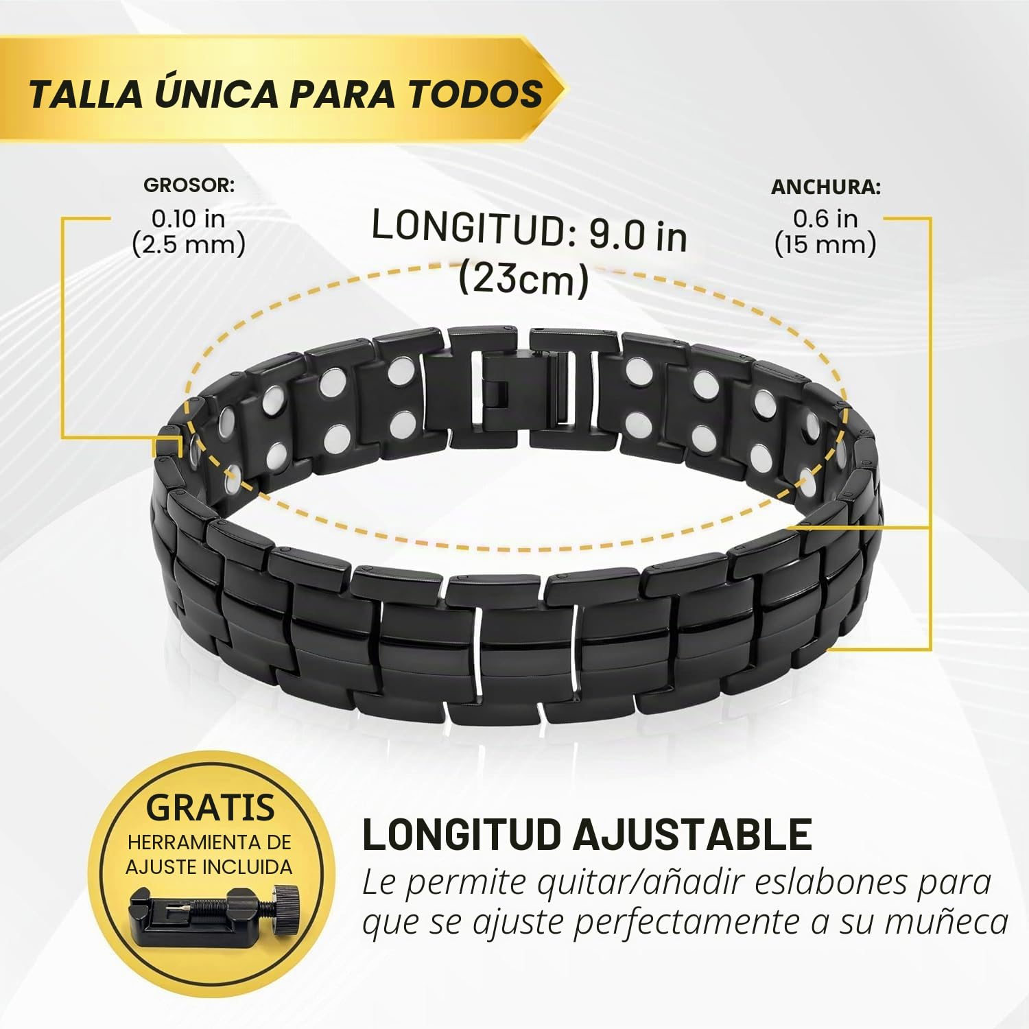 MagnetRX® Pulsera Magnética Ultrarresistente - Brazaletes Magnéticos de Acero Inoxidable para Hombres – Pulsera de Longitud Ajustable con herramienta de Medición para un Ajuste Perfecto (Negra)