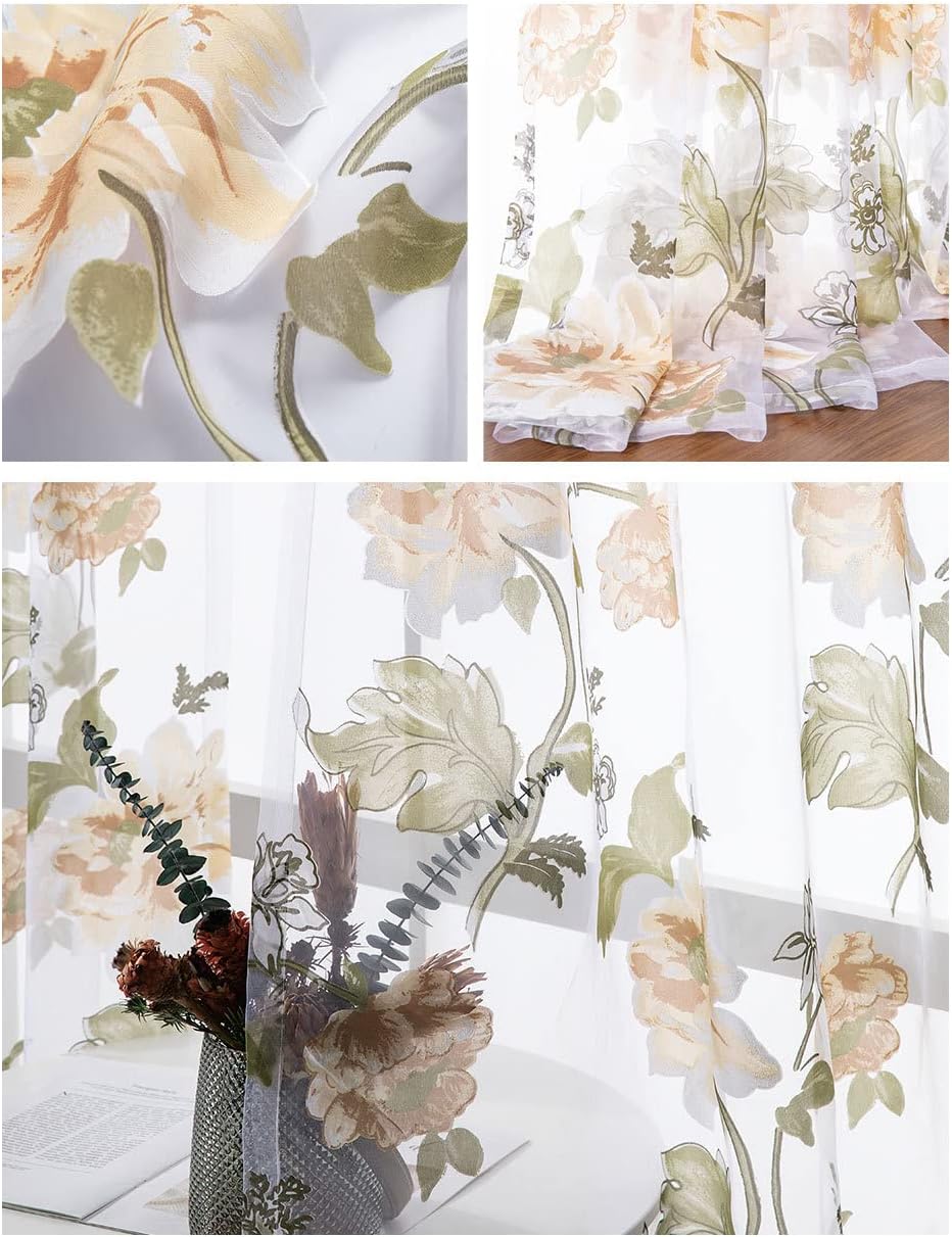 Rod Pocket Beautiful Luxury Semi Sheer Curtains Window Treatments Tulle Gauze Luxury Peony Flower Pattern Voile Tulle for Kids Baby Room Bedroom Balcony(1 Panel, W 100 x L 95 inch, Yellow)