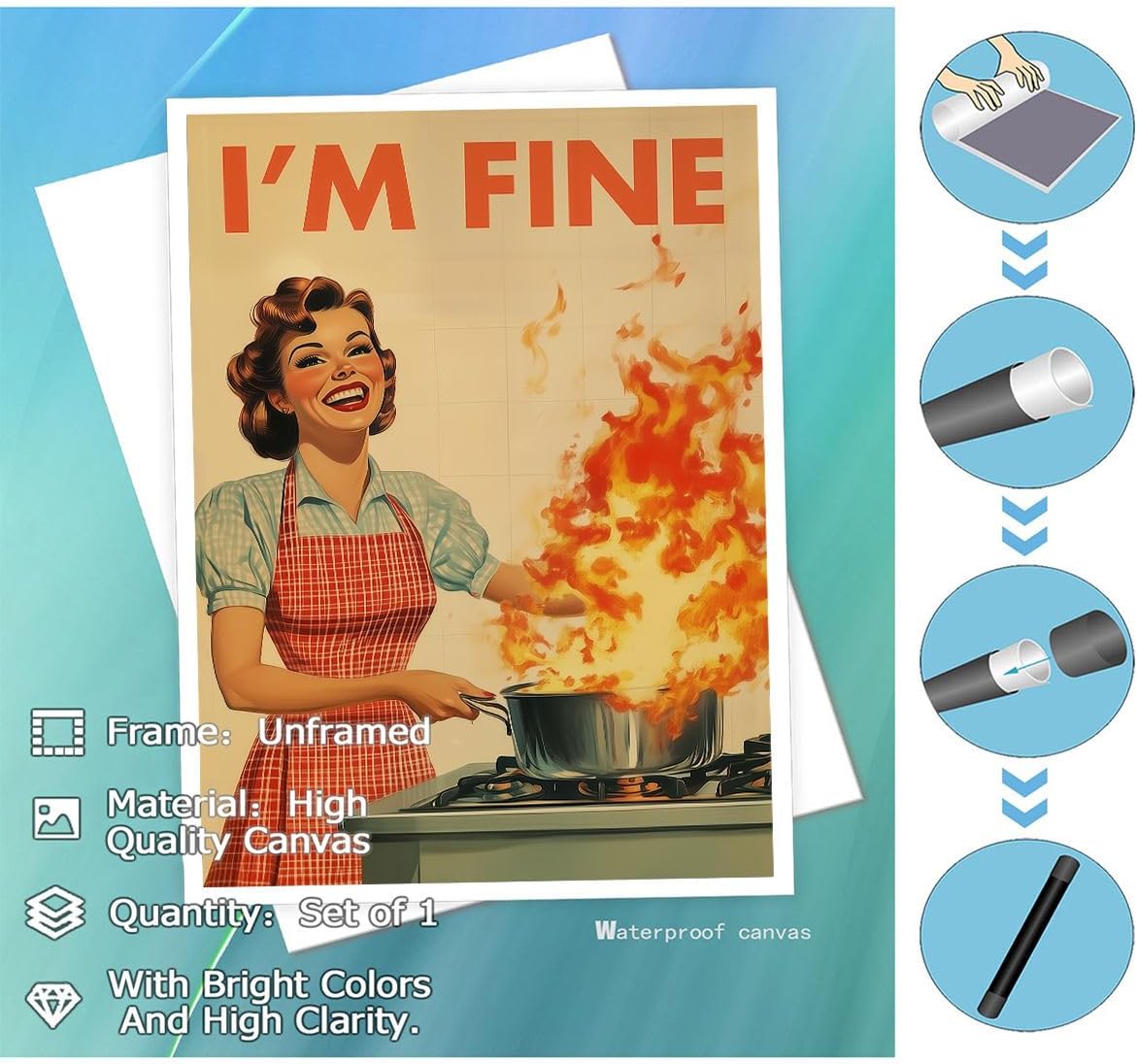 Funny Retro Kitchen Wall Art – “I’M FINE” Vintage Humor Poster – Mid Century Housewife Fire Cooking Print – Quirky Wall Decor for Home, Café, Office 12x16inch-Unframed - Image 2