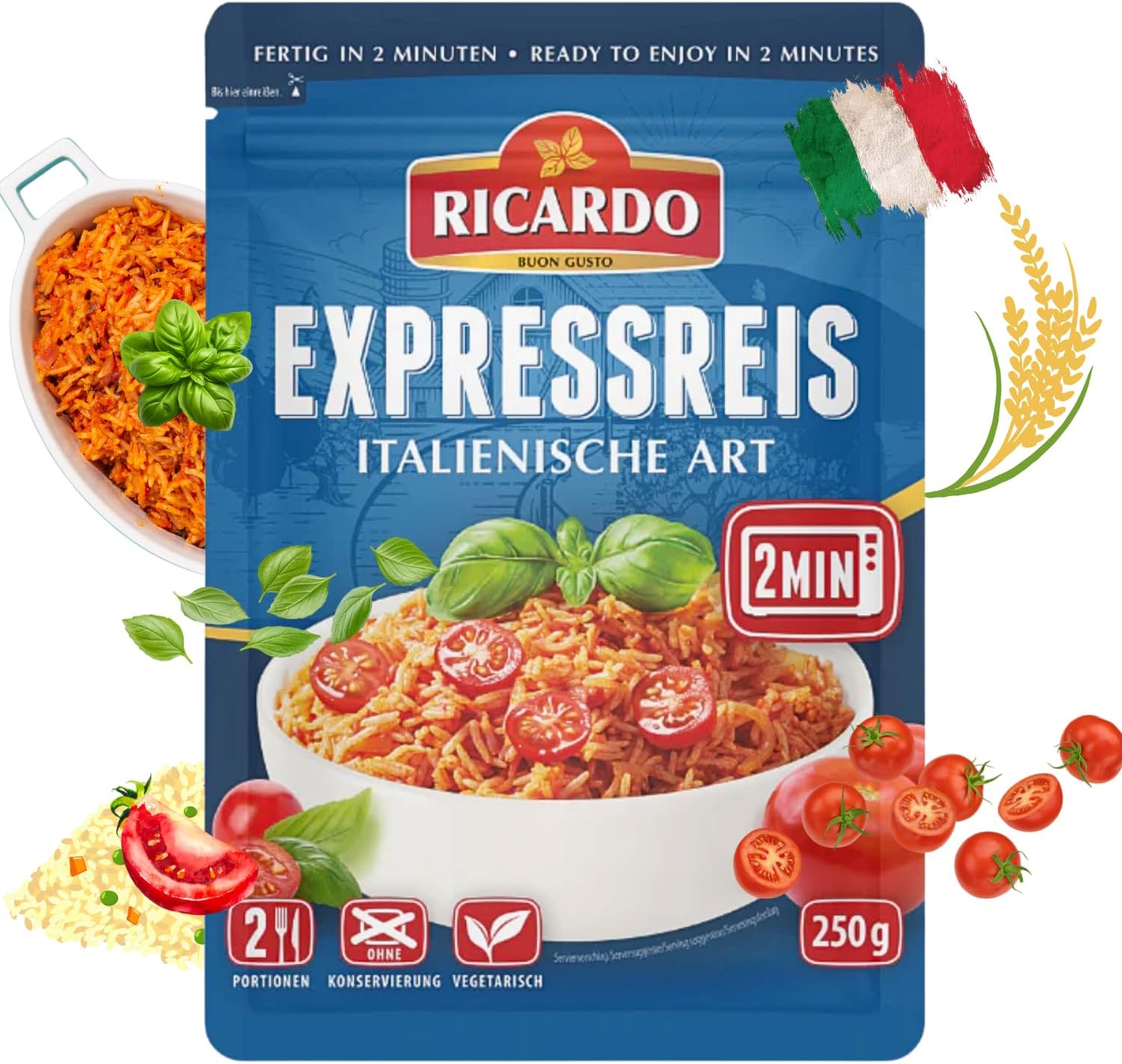 RICARDO Express ryż włoski 8 x 250 g przygotowanie ryżu gotowe dania w kuchence mikrofalowej/patelni, szybkie i łatwe przygotowanie