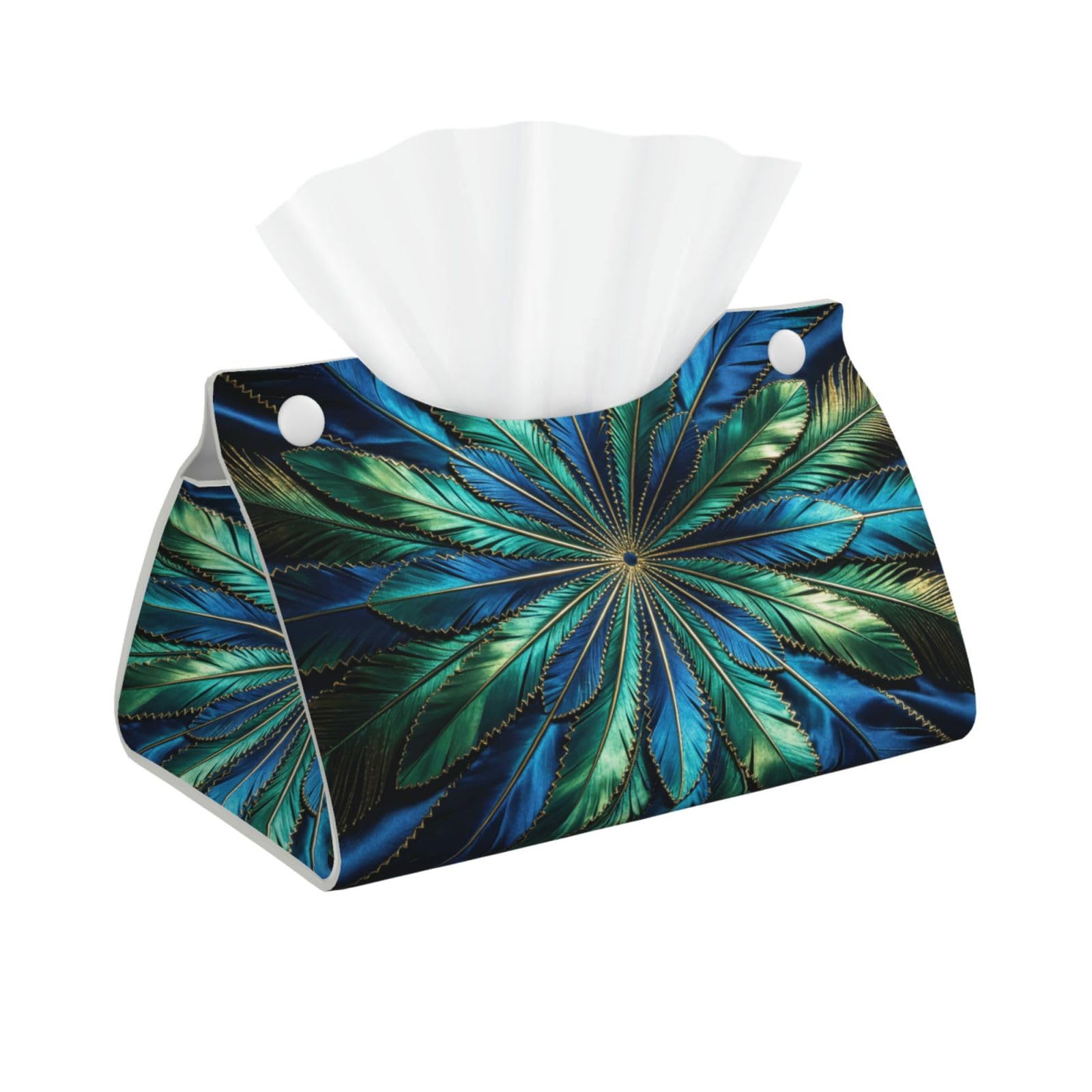 Peacock Blue Feather Long Leather Tissue Box Cover-Waterproof PU Leather Tissue Holder for Bathroom, Decorative Rectangular Tissue Case