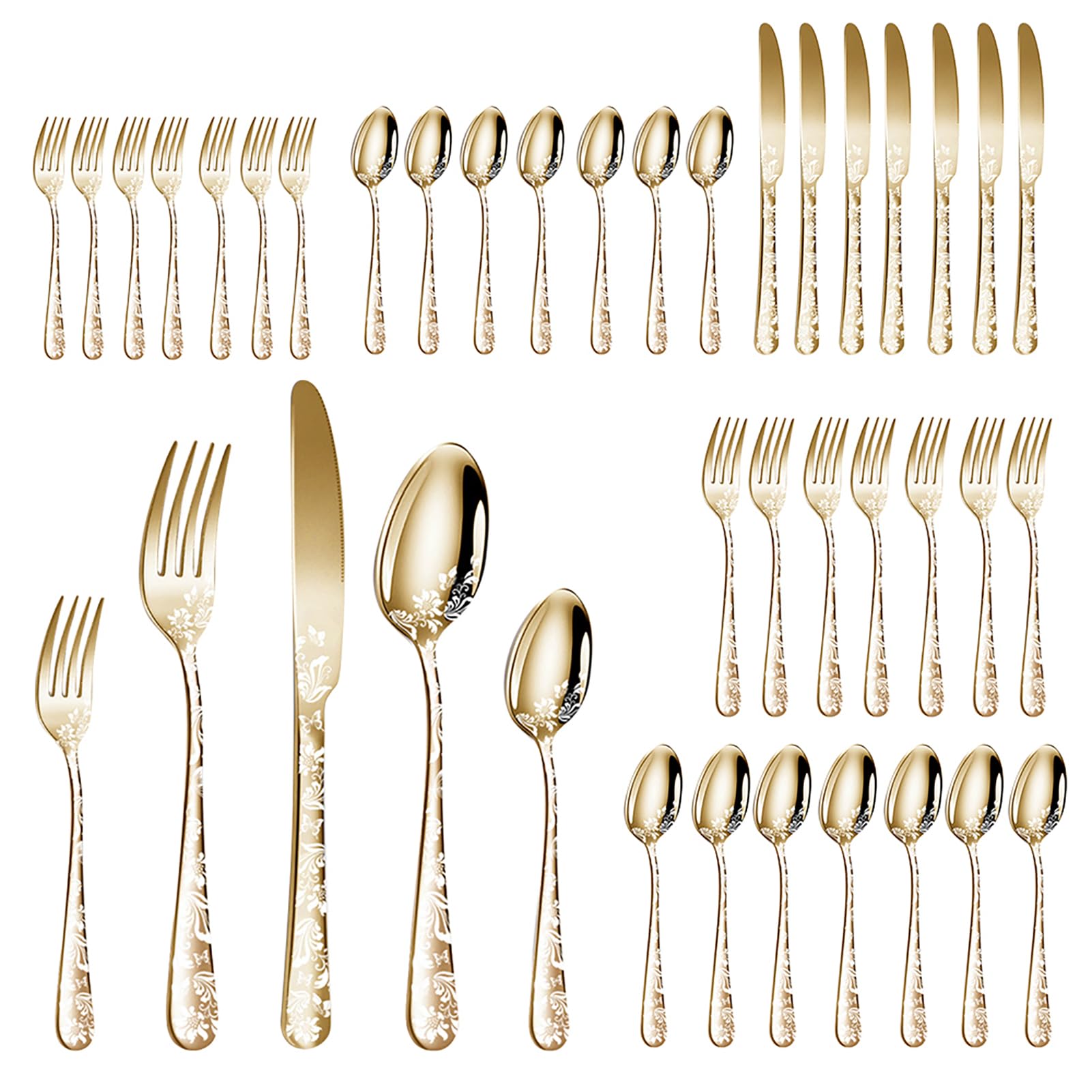 Walmeck JUEGO DE CUBIERTOS DE ACERO INOXIDABLE CUBIERTOS PULIDO ESPEJO 40PCS PARA COCINA RESTAURANTE FIESTA (Oro)