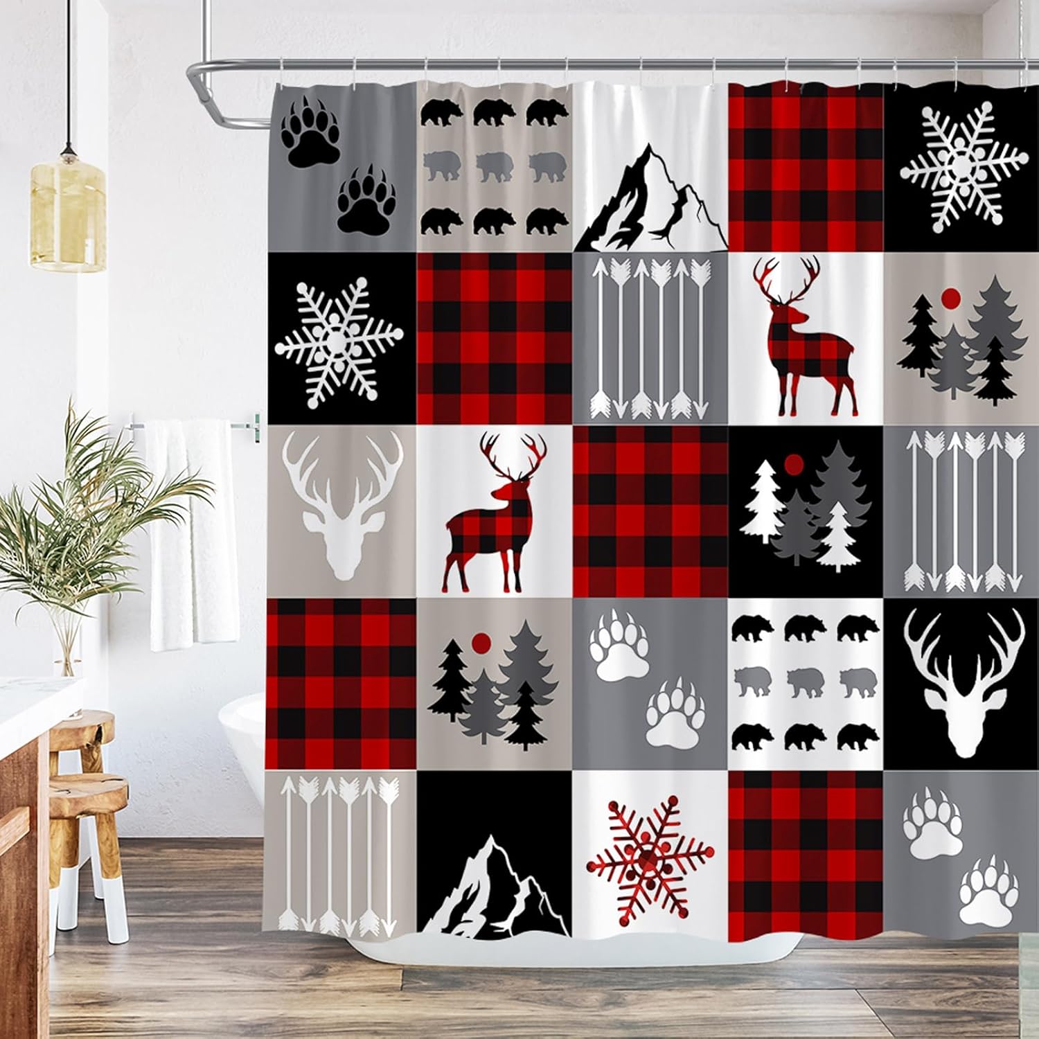 Merry Christmas Shower Curtain Red Black Buffalo Check Plaid Bear Elk Snowflake Xmas Tree Winter Holiday Rustic Farmhouse Cabin Camping Bathroom Decor Set Fabric with Hook 108Wx70H Inch