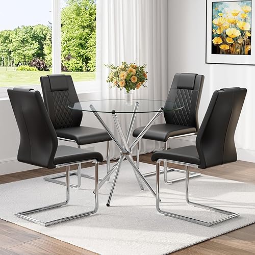 Miniatura 13 de Juego de mesa de comedor de cristal para mesa de comedor redonda de 4,36.6 pulgadas con sillas de comedor de tela, moderna mesa de comedor con patas