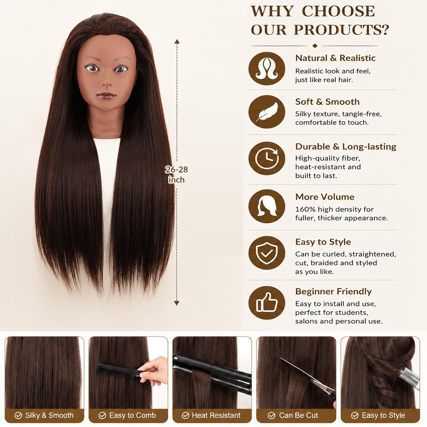 28" Long Brown Mannequin Head with Hair, Professional Cosmetology Mannequin Head Doll Head for Hair Styling, Braiding, Cutting Practice, Training Head with Clamp + Practice Tools
