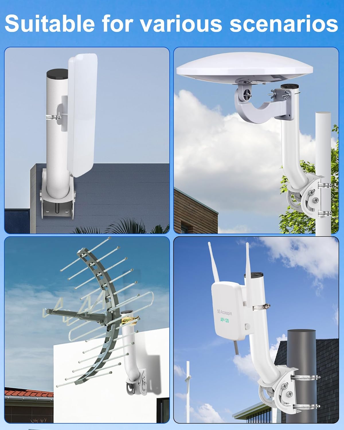 Wireless Bridge Bracket Mount, 12"(H) - Φ1.38‘’ Universal Pole and Wall Mounted Mounting Bracket Mast Kit for Yagi Antennas, Ethernet Bridges, Network Extender, Outdoor Access Points AP CPE(4-Pack)