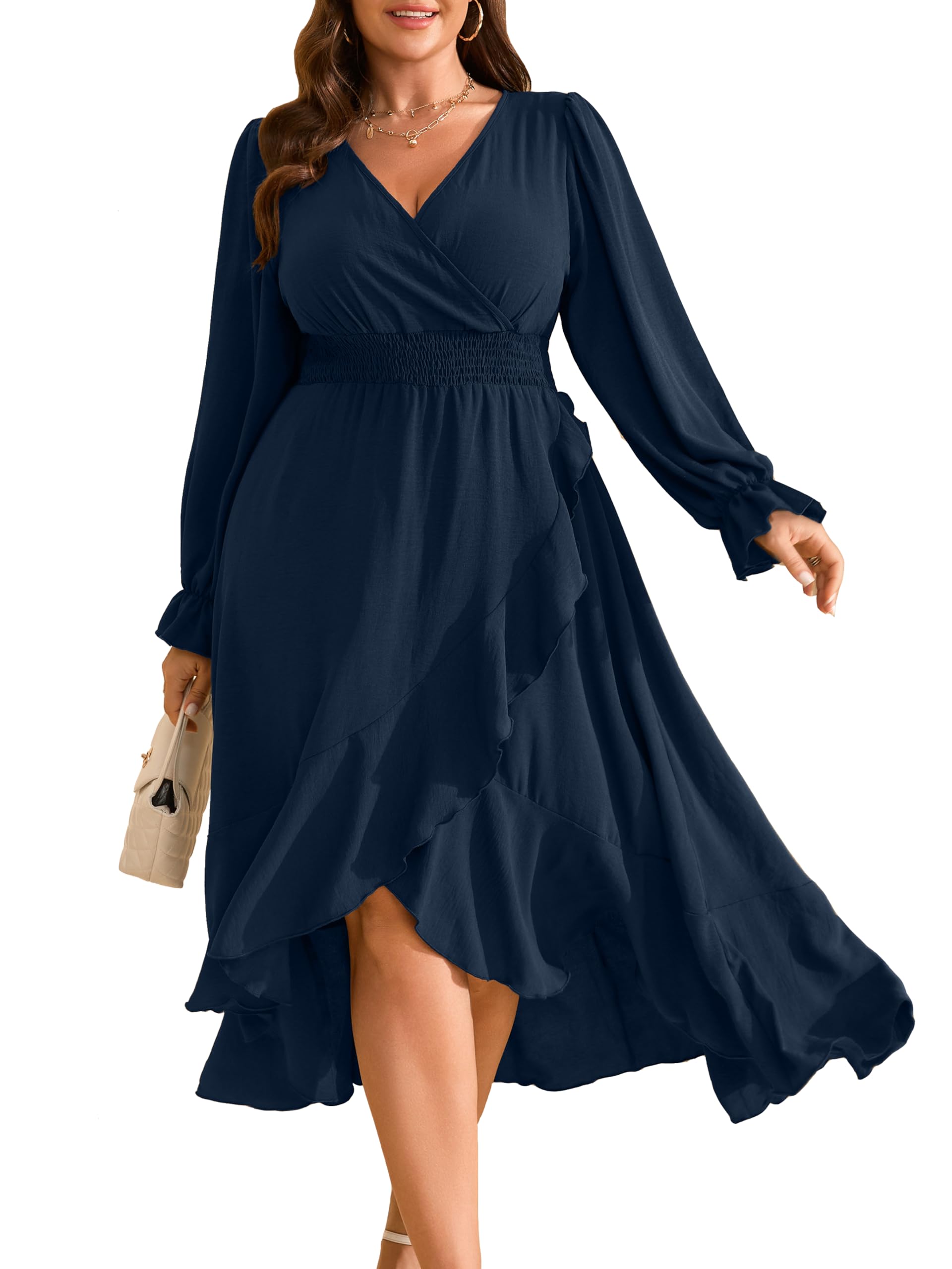 RWJ Women's Plus Size Wedding Guest Maxi Dress Wrap V Neck Long Sleeve High Low Ruffle Cocktail Fall Dresses