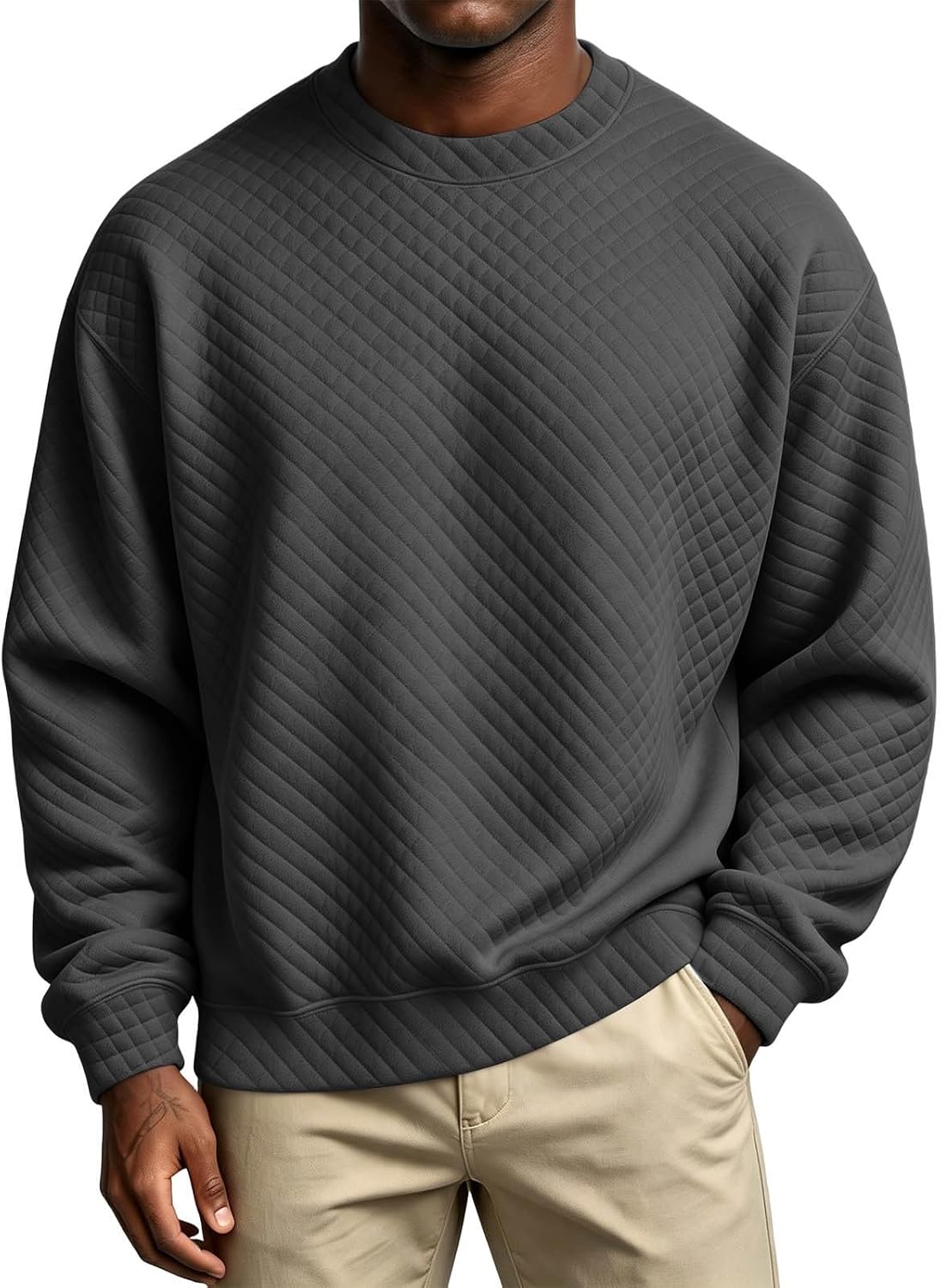 Men's Crew Neck Textured Shirts Long Sleeve Loose Casual Sweat Top
