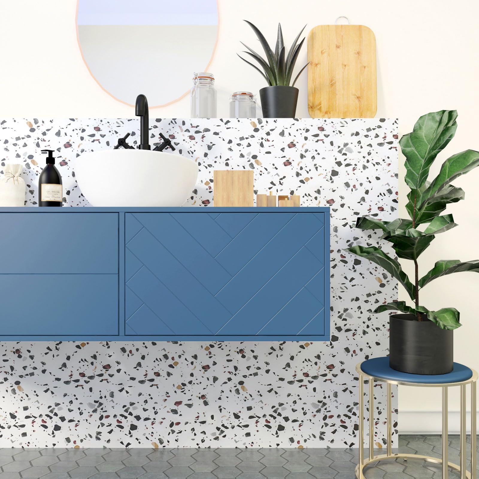 Decotalk Carta da Parati Effetto Terrazzo Bianco Moderna 90X300cm Pellicola Adesiva Per Mobili Bianco Decorazione Parete Rivestimento Adesivo Per Piano da Cucina Armadio Adesivo Vinile Impermeabile