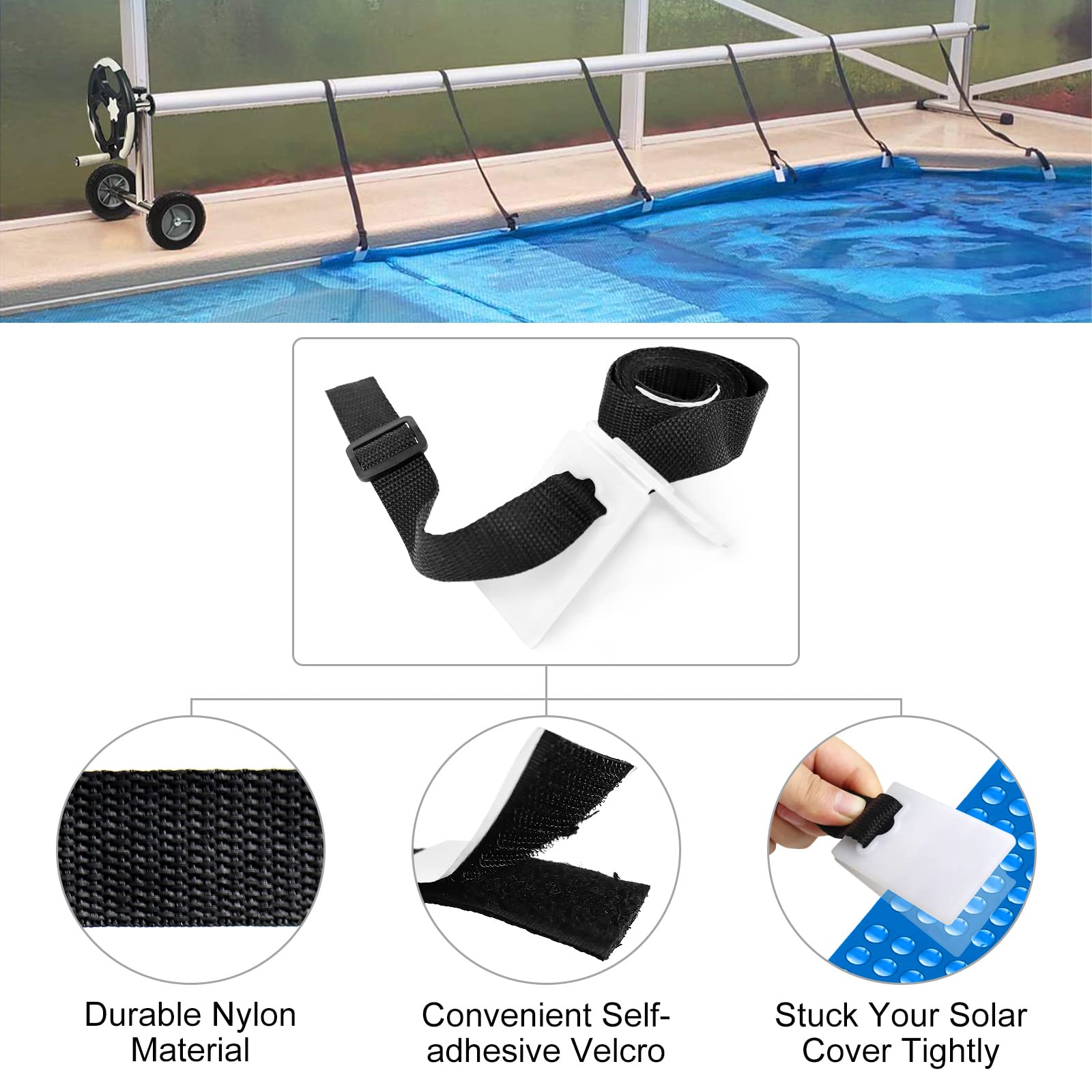 S-Union Kit de Fijación para Carrete de Cubierta Solar,Kit de Correas de Manta Solar para Piscina Universal enterrada Que Incluye 8 Correas de Nailon con lengüetas, 8 Placas de cordón, 8 Hebillas