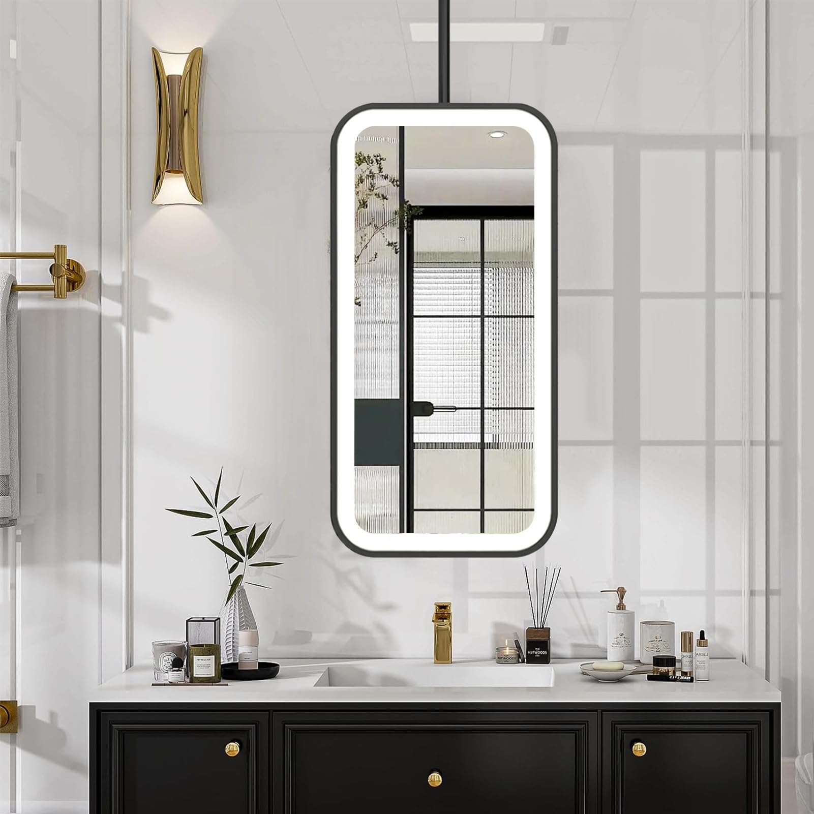 FGXHHS LED For Over Sink，Ceiling Mounted Vanity Metal Hanging Rod Suspended Mirrors with Lights，Large Rectangle Wall for Home Decoration，Black(40cmx60cm)