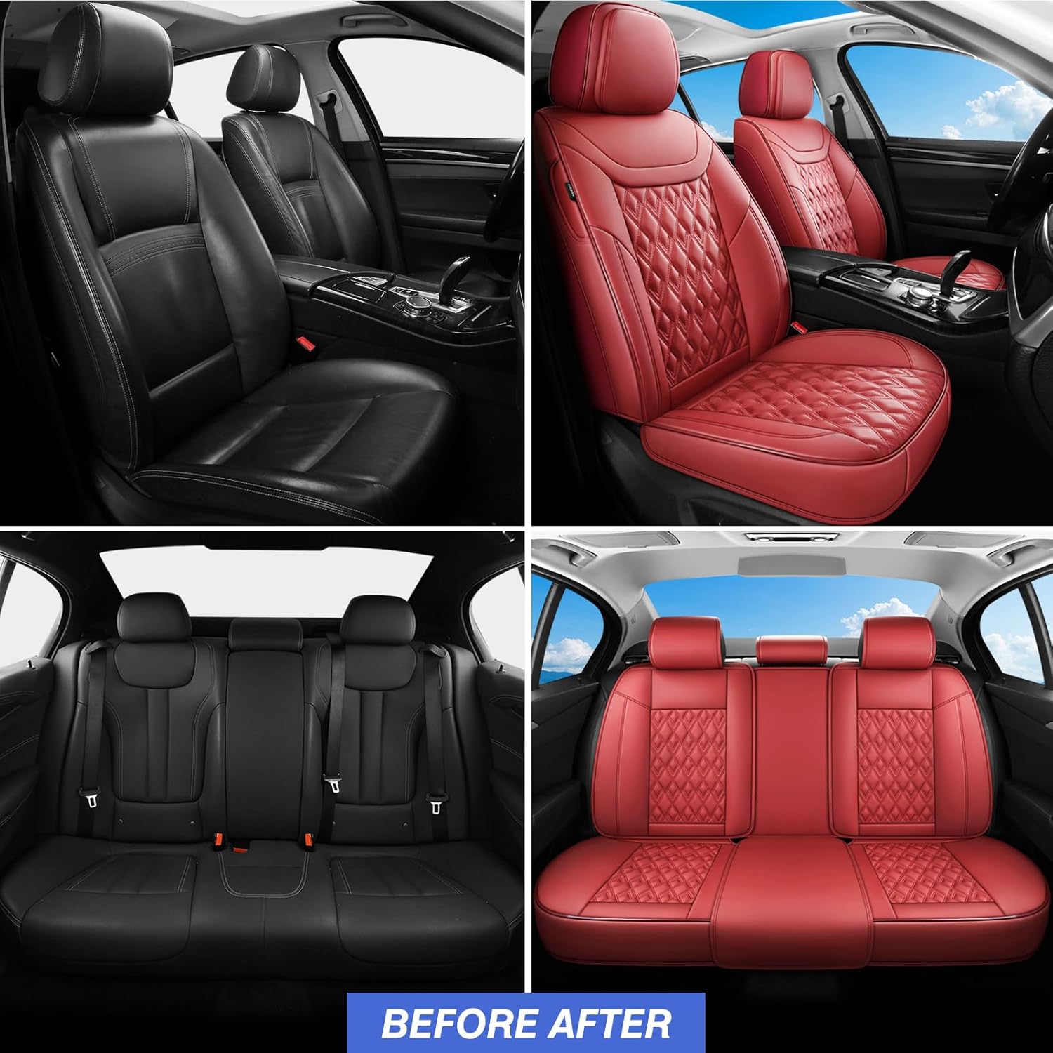 Car Seat Covers Full Set, Faux Leather Seat Covers for Cars, Car Seat Protector Waterproof, Non-Slip,Bright and Shiny seat Covers Make Your Vehicle Look, 5Seaters,Wine-Red
