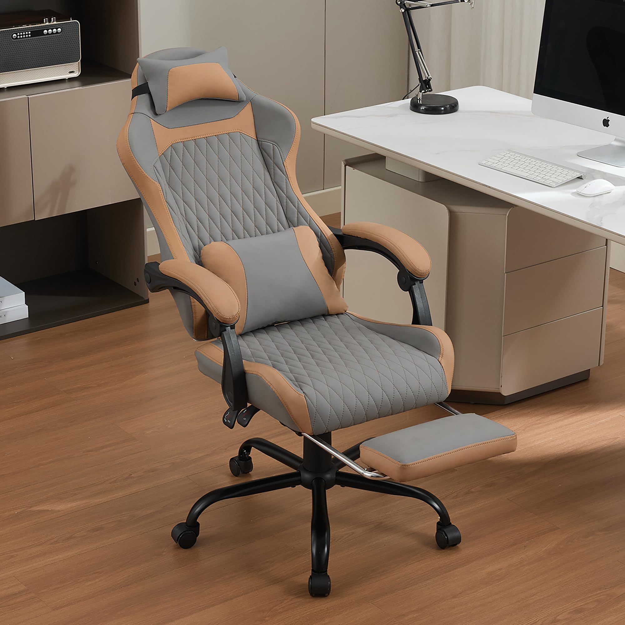 Silla de gaming ergonómica con soporte lumbar, cojín cervical y reposapiés, silla giratoria de altura ajustable con respaldo reclinable para oficina en casa, oficina y transmisión en vivo