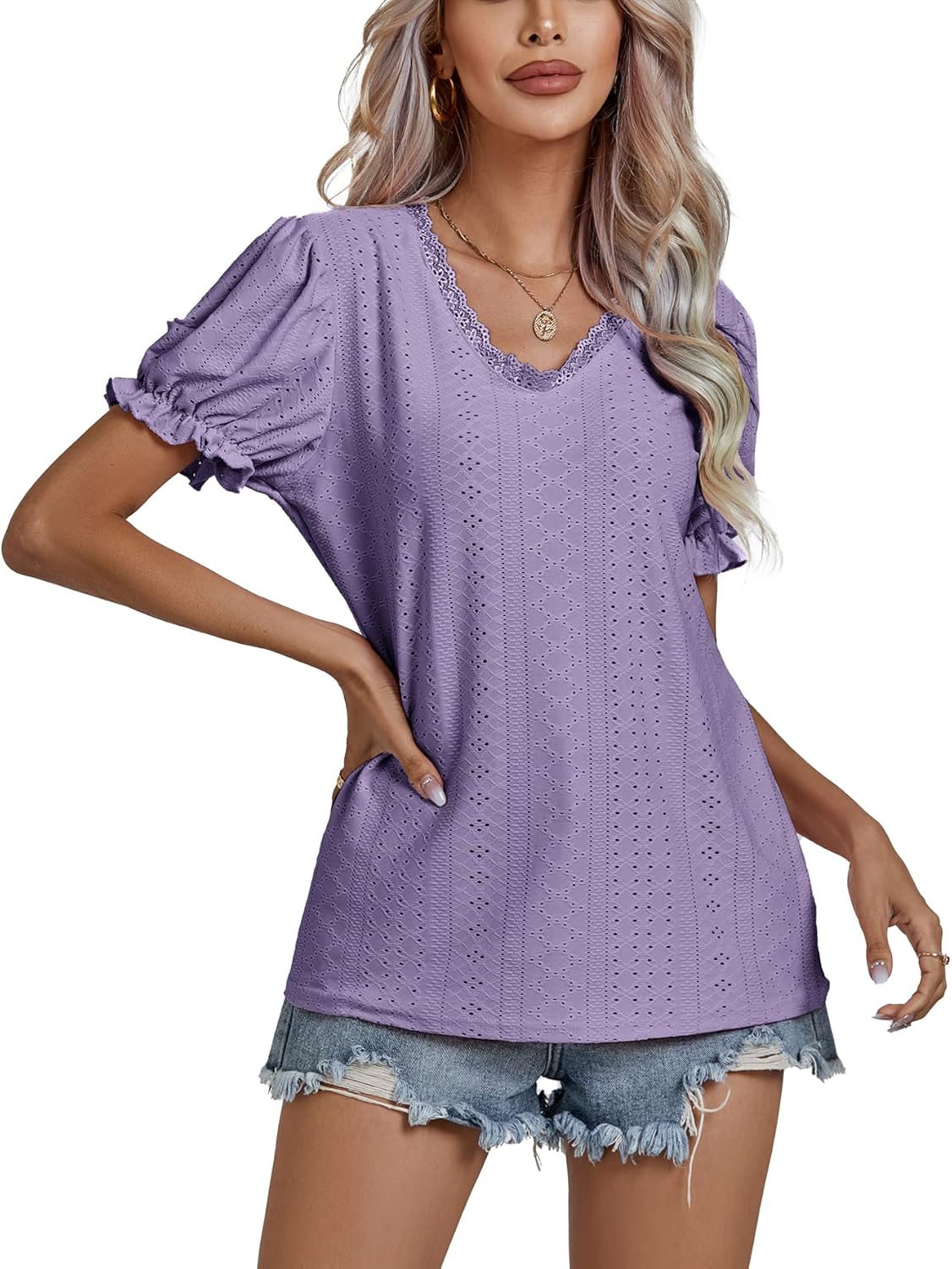 LYANER Women's Casual Puff Short Sleeve Lace Trim Eyelet V Neck Shirt Blouse Tunic Top - Image 3