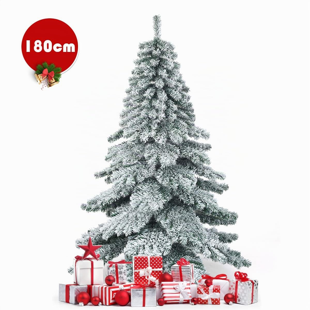 GIANTEX Sapin de Noël Artificiel 180 CM, Sapin de Noël Enneigé, Arbre de Noël Couvert de Flocons de Neige, 657 Branches en PVC, Pied en Métal, Décoration de Noël pour Maison, Bureau, Vitrine