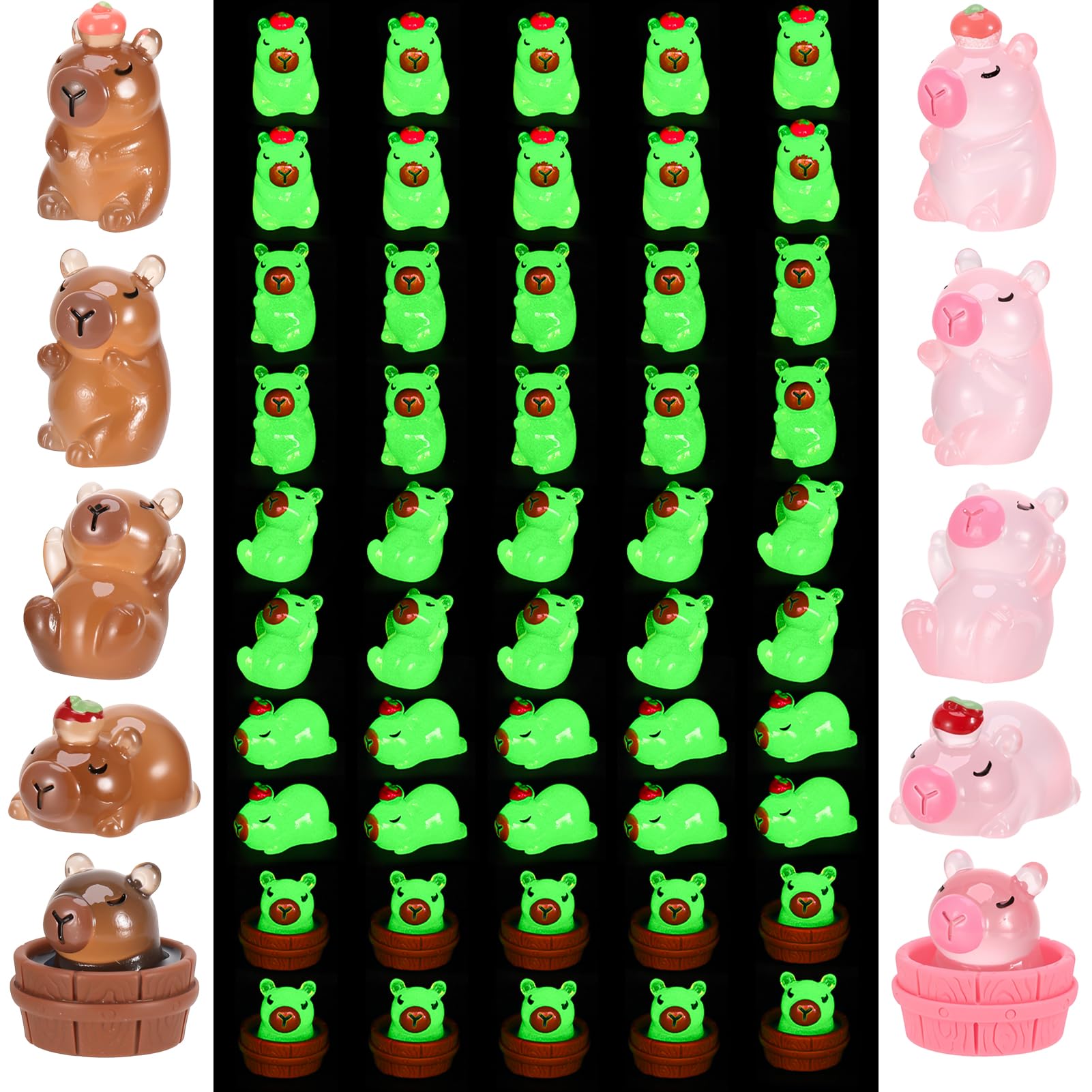 GSrenyu 60 PCS Capybara Luminous Mini Resin with Storage Box Animals Miniature Figures Glow in the Dark Tiny Animals for Capybara Aquarium Home Decoration Doll House Potted Plant Decoration