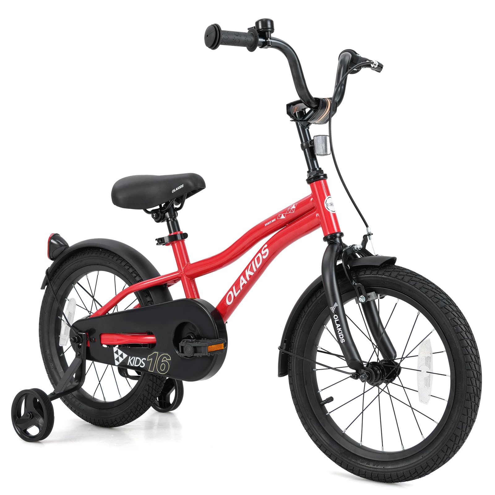 Olakids Kids Bike, 12 14 16 18 Inch Toddlers Bike with Training Wheels Safety Bell Adjustable Seat and Handlebar, Handbrake and Coaster Brake, Children's Bicycle for Boys Girls (16 Inch, Red)