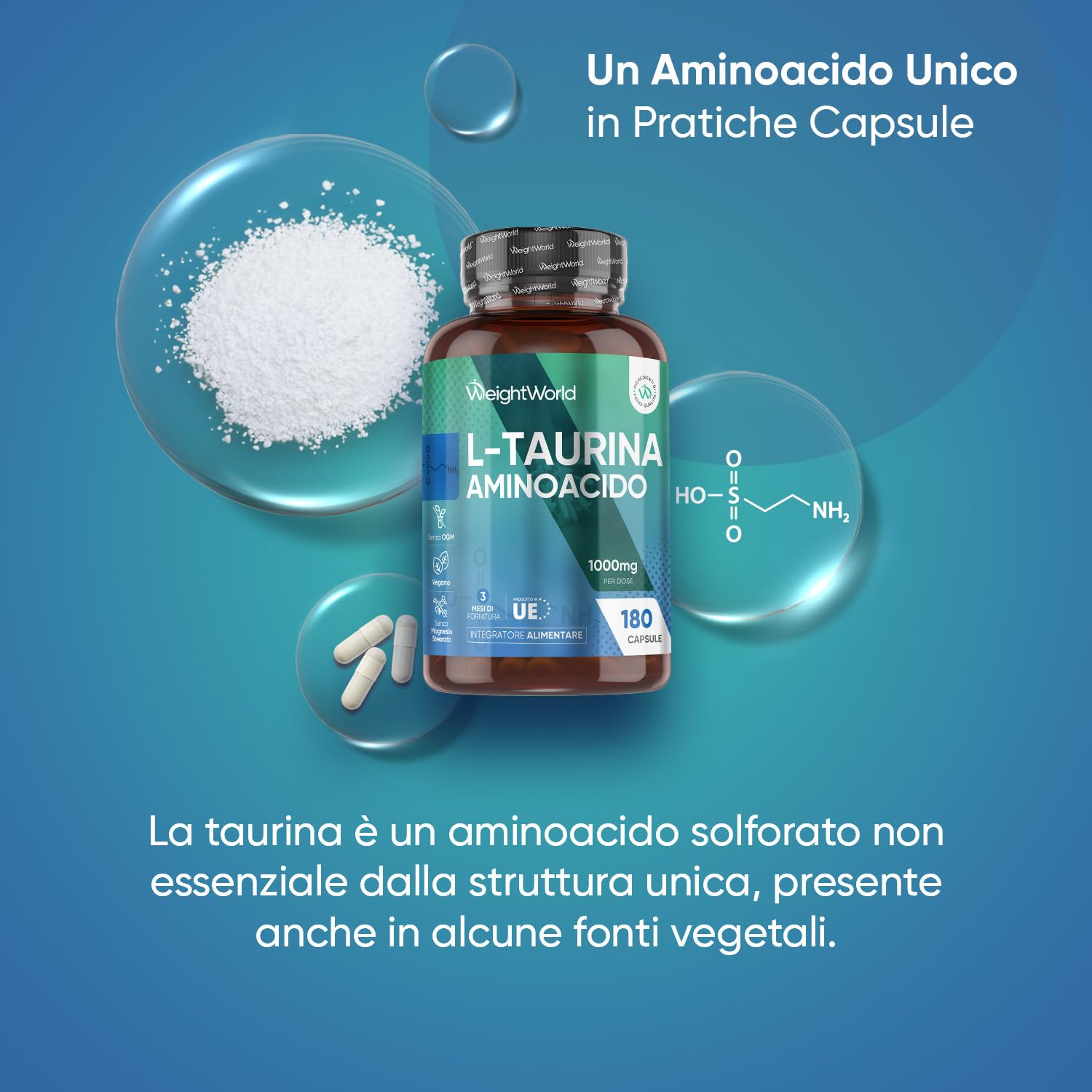 Taurina Integratore 1000mg per Dose, 180 Capsule con L Taurina Polvere Vegana (3 Mesi), Aminoacidi Essenziali, Pre Workout e Post Workout, Taurine Senza Magnesio Stearato né OGM, Prodotto in Europa