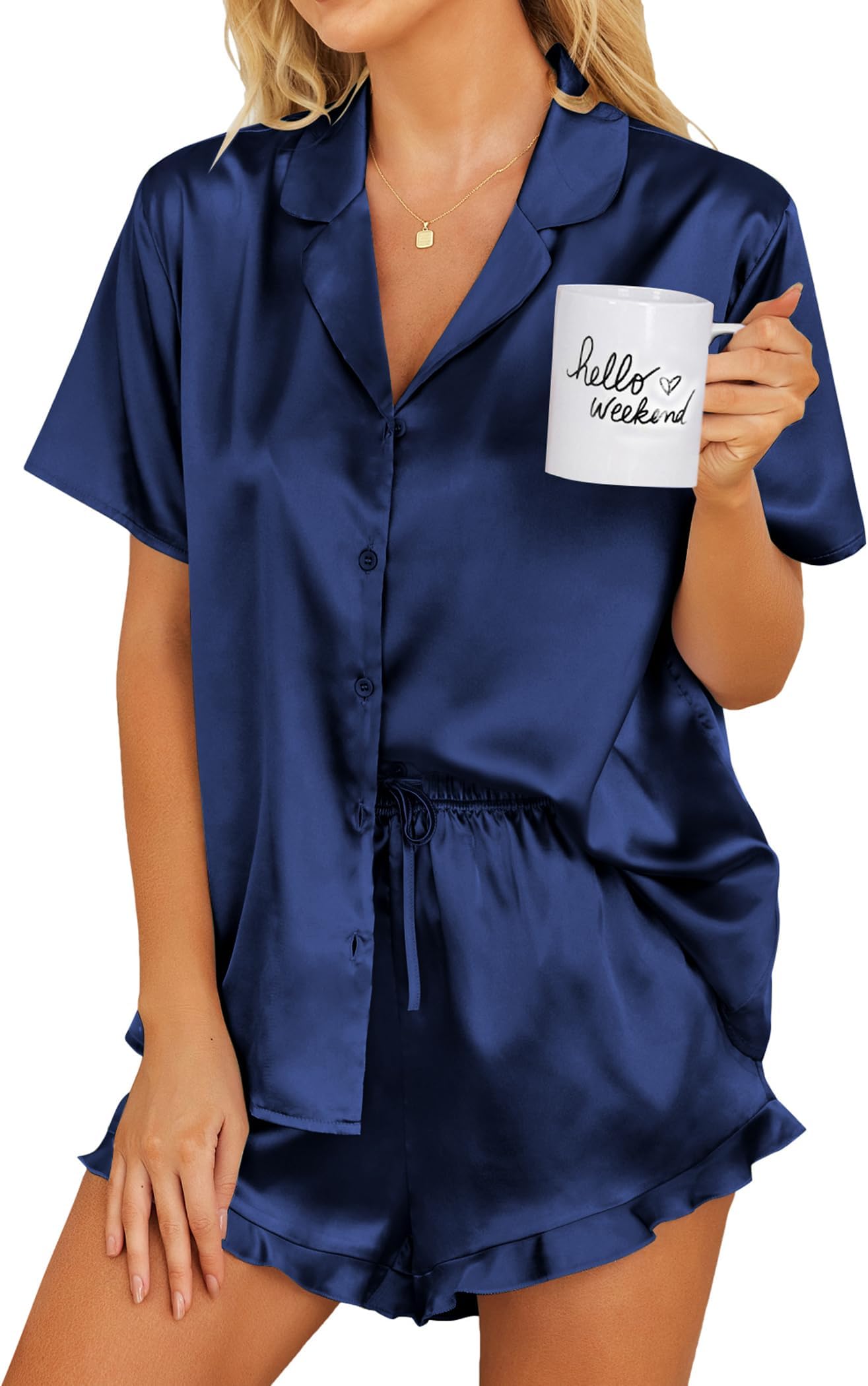 Womens Satin Pajamas Set Button Down 2 Piece Silk Pjs Shorts Set Ruffle Lingerie Notch Collar Sleepwear