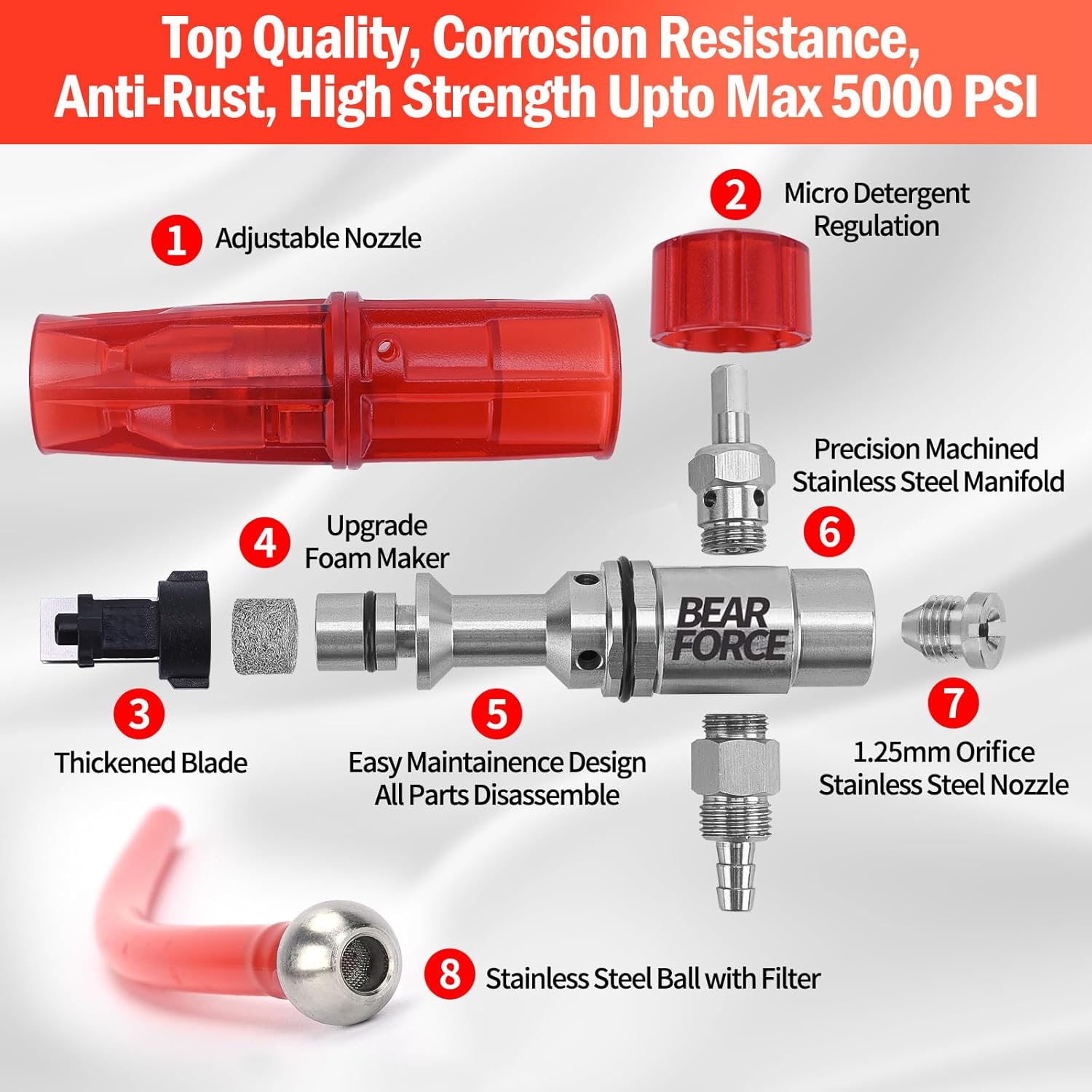 BEAR FORCE Pressure Washer Stainless Steel Foam Cannon Foam Generator with 1/4” Quick Connector & 1.25mm & 1.10mm Orifice Nozzle, 360° Adjustable Thicker Snow Foam with 32 oz Soap Car Wash