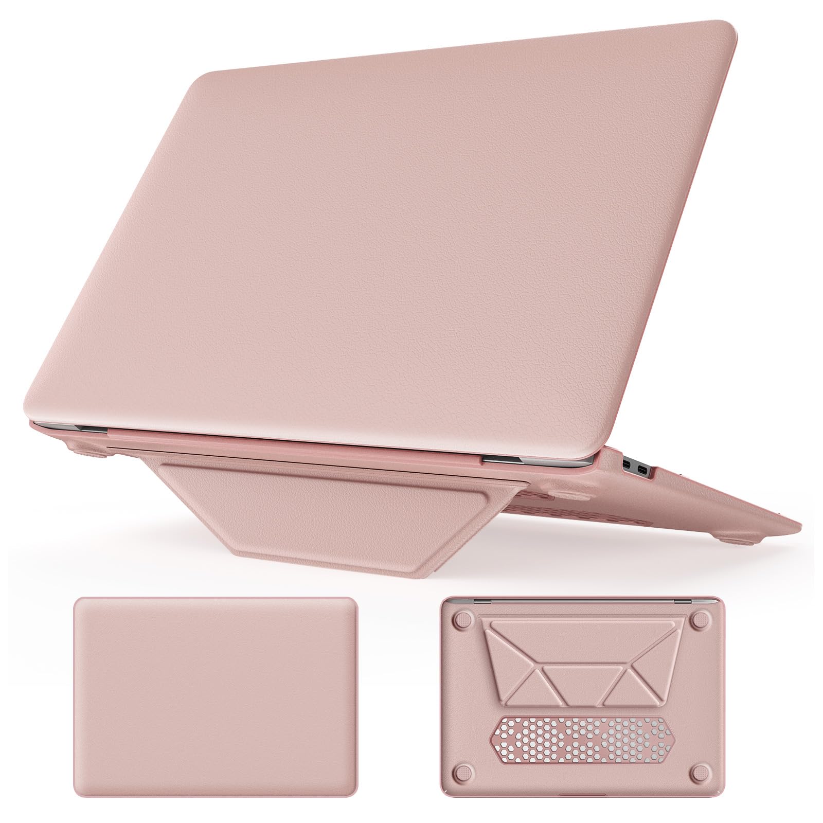 MEEgoodo for MacBook Air 13 inch Case 2021 2020 2019 2018, Kickstand Cover Fit Model A2337 M1 A2179 A1932, PU Leather Laptop Hard Shell with TPU Keyboard & Webcam Cover & OTG Adapter,Pink