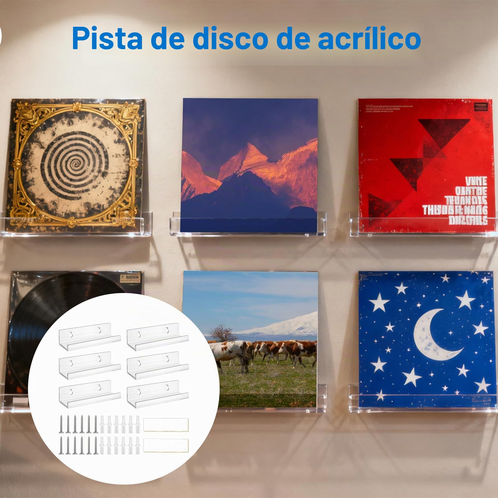 6 Piezas Discos de Vinilo Transparente, Estantería Mural Transparente, Soportes Flotantes de Acrílico Para Discos, Estantería Para Vinilos, 10 x 3,5 x 3 cm.