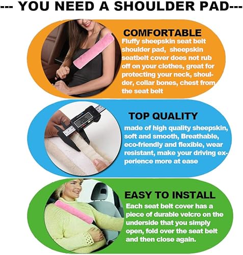 Miniatura 2 de Almohadilla de hombro para cinturón de seguridad de auto, protectora, ajustable, felpa suave, para conducir cómodamente, 2 piezas, negro, Rosado
