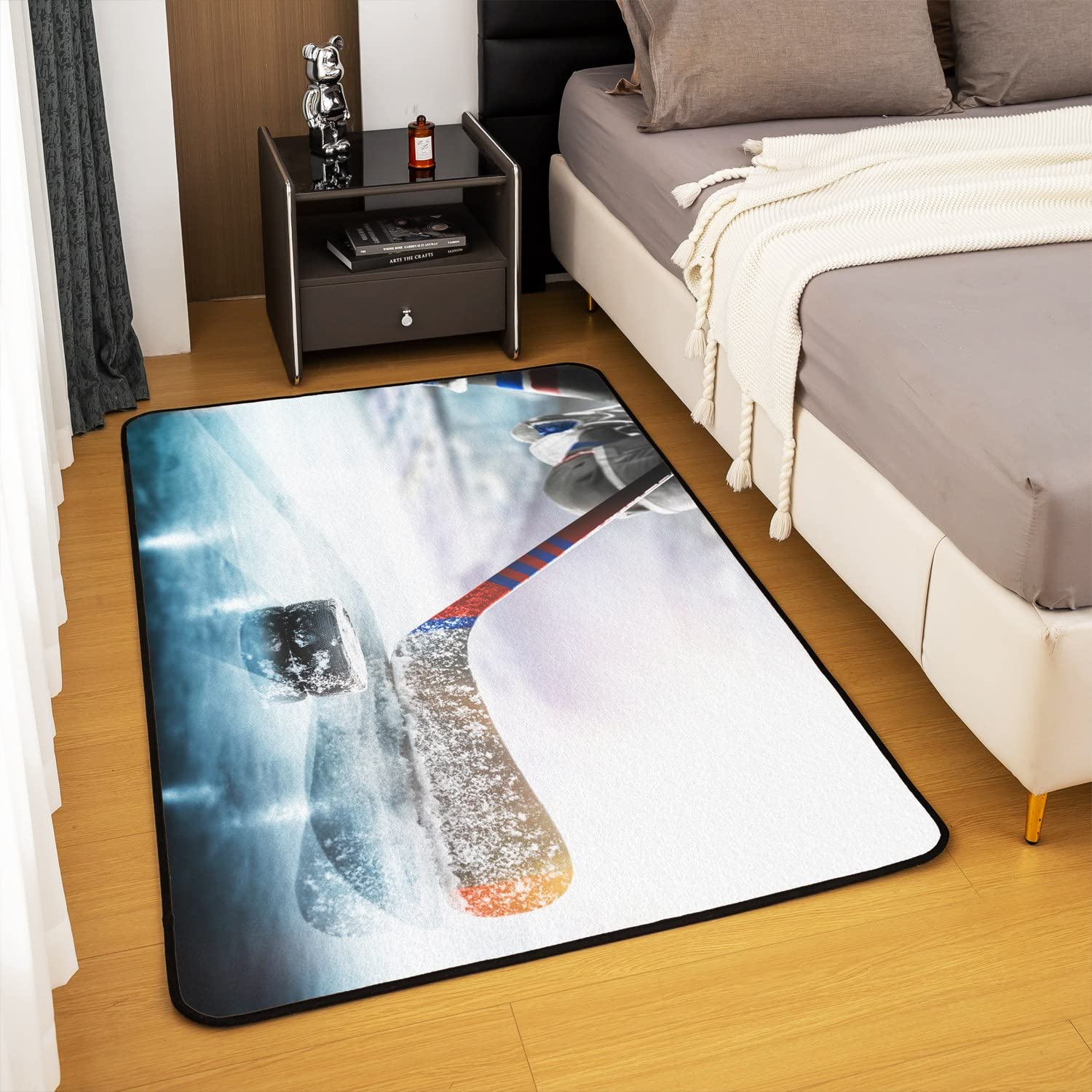 Eishockey-Teppich Für Wohnzimmer & Kinderzimmer – Blaue/weiße Stadion-Optik, Flanell-Oberfläche, Rutschfeste Unterseite