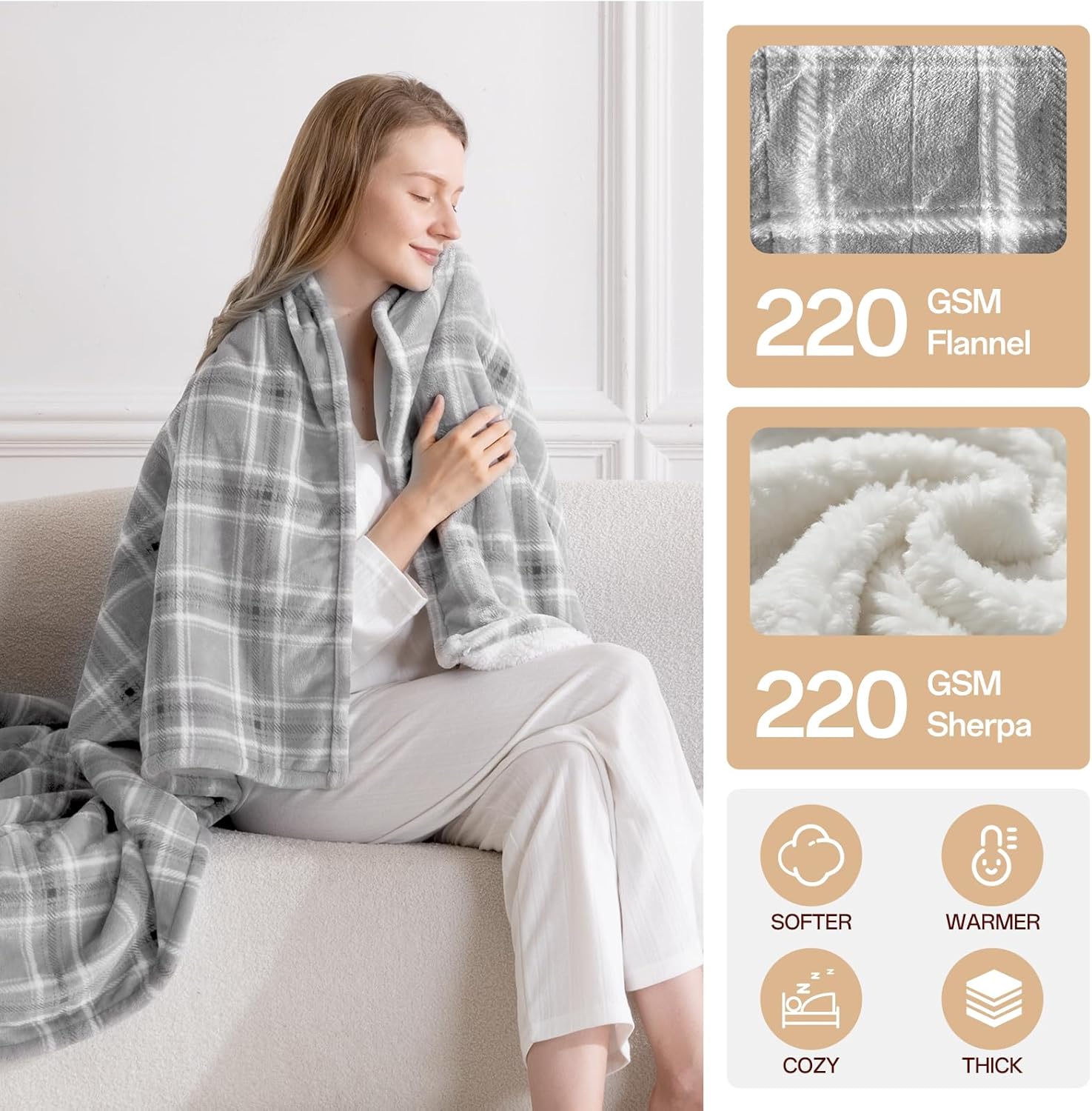 Heated Blanket Electric Throw, 50X60 Heating Throw with 8 Heating Levels & 8 Time Settings, Grey Plaid Washable Warm Soft Flannel Blanket Gift for Couch Bed Office, ETL Certified - Image 6