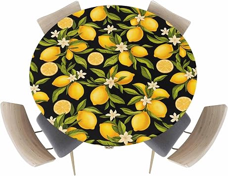 Round Fitted Tablecloth with Elastic Edge 45"-54",Watercolor Summer Lemon Waterproof Oil-Proof Table Cover Tablecloths for Indoor Outdoor Party Picnic Banquet,Farmhouse Fruit Plant on Black