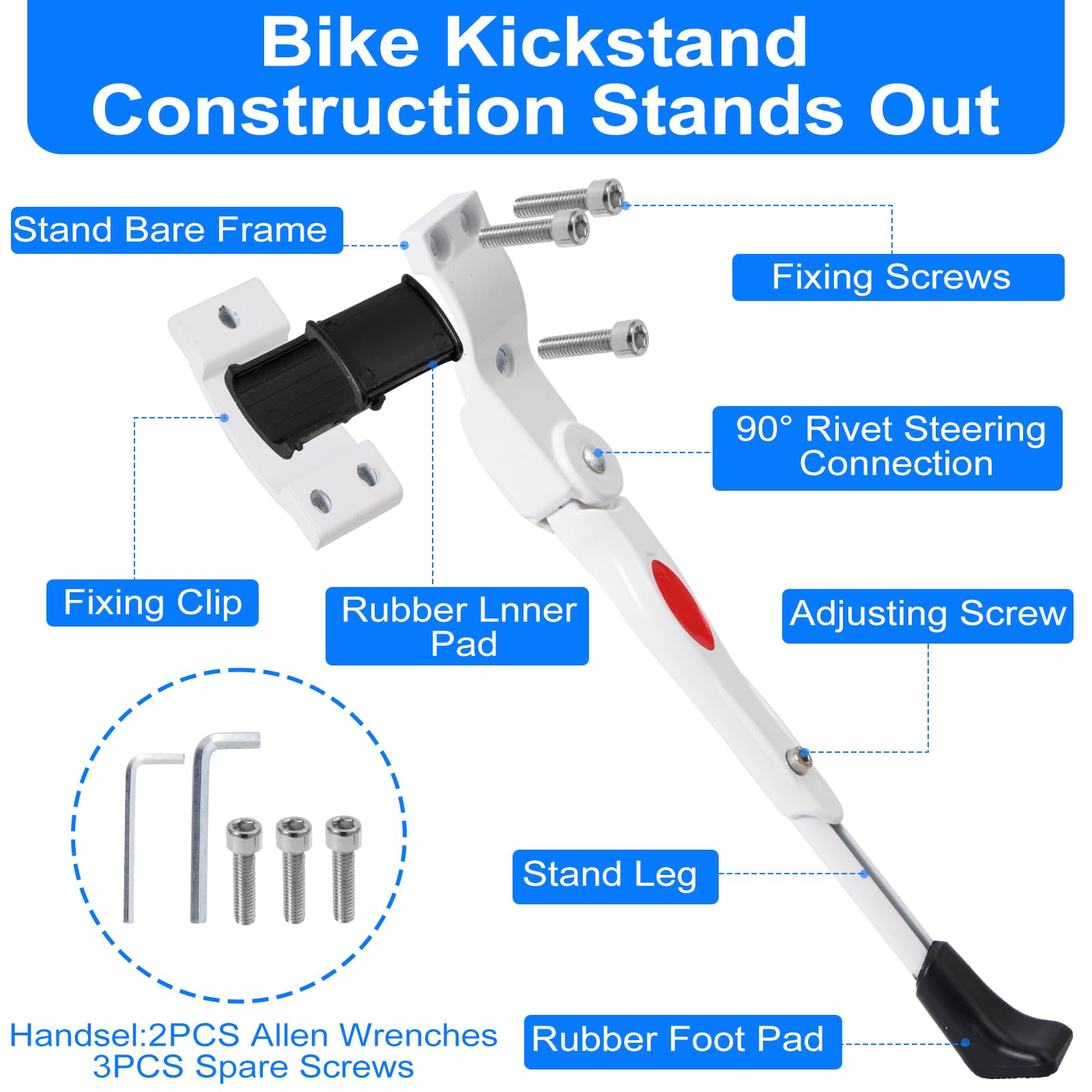 TRKIMAL Béquille de vélo en alliage d'aluminium réglable en hauteur arrière côté vélo Kick Stand Fit pour VTT et vélo de route de 24 à 28 pouces, livré avec clé Allen 2 pièces