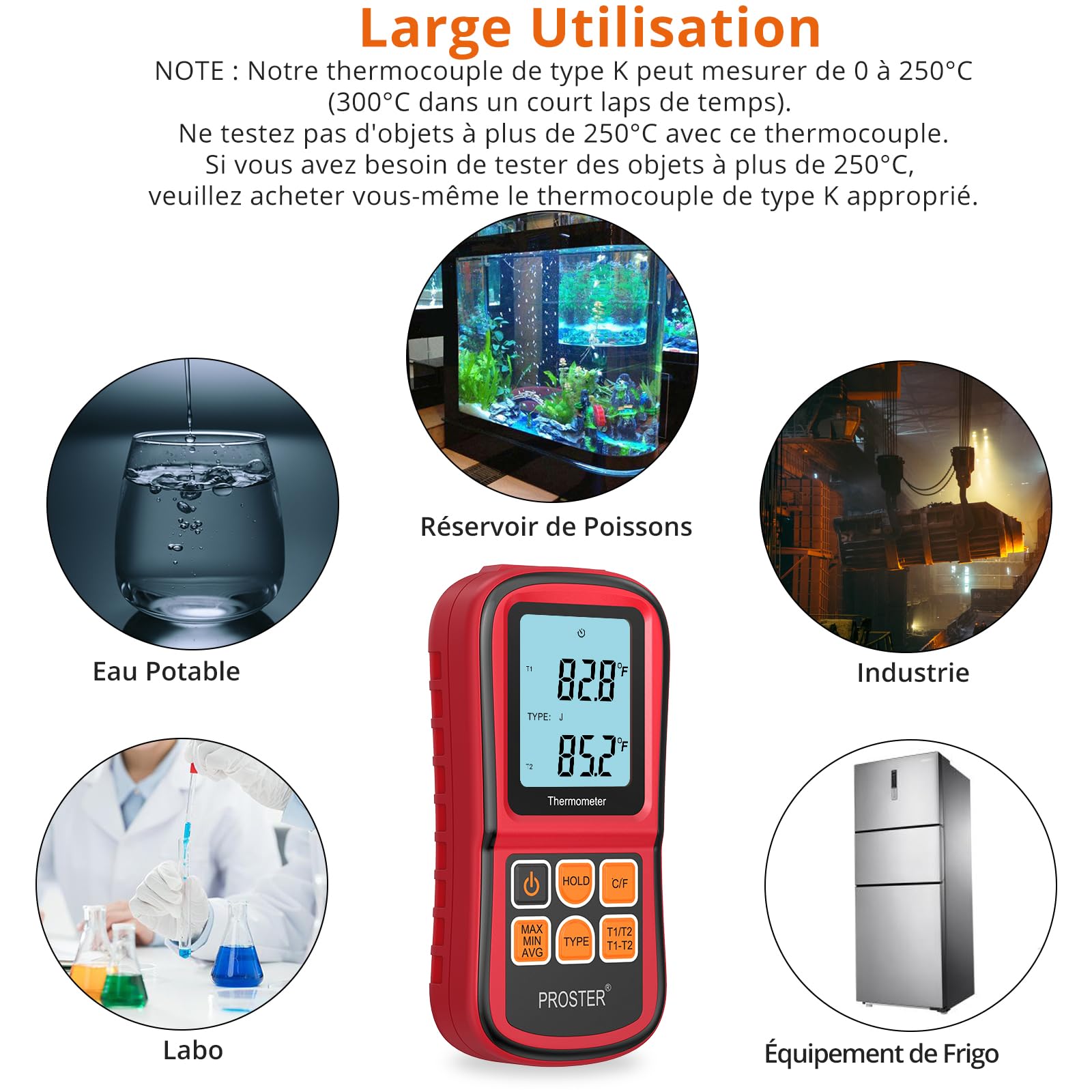 Proster Thermomètre Numérique à Double Canal avec Deux Thermocouples de Type K Thermomètre Industriel avec Rétroéclairage LCD pour Thermocouple K/J/T/E/R/S/N