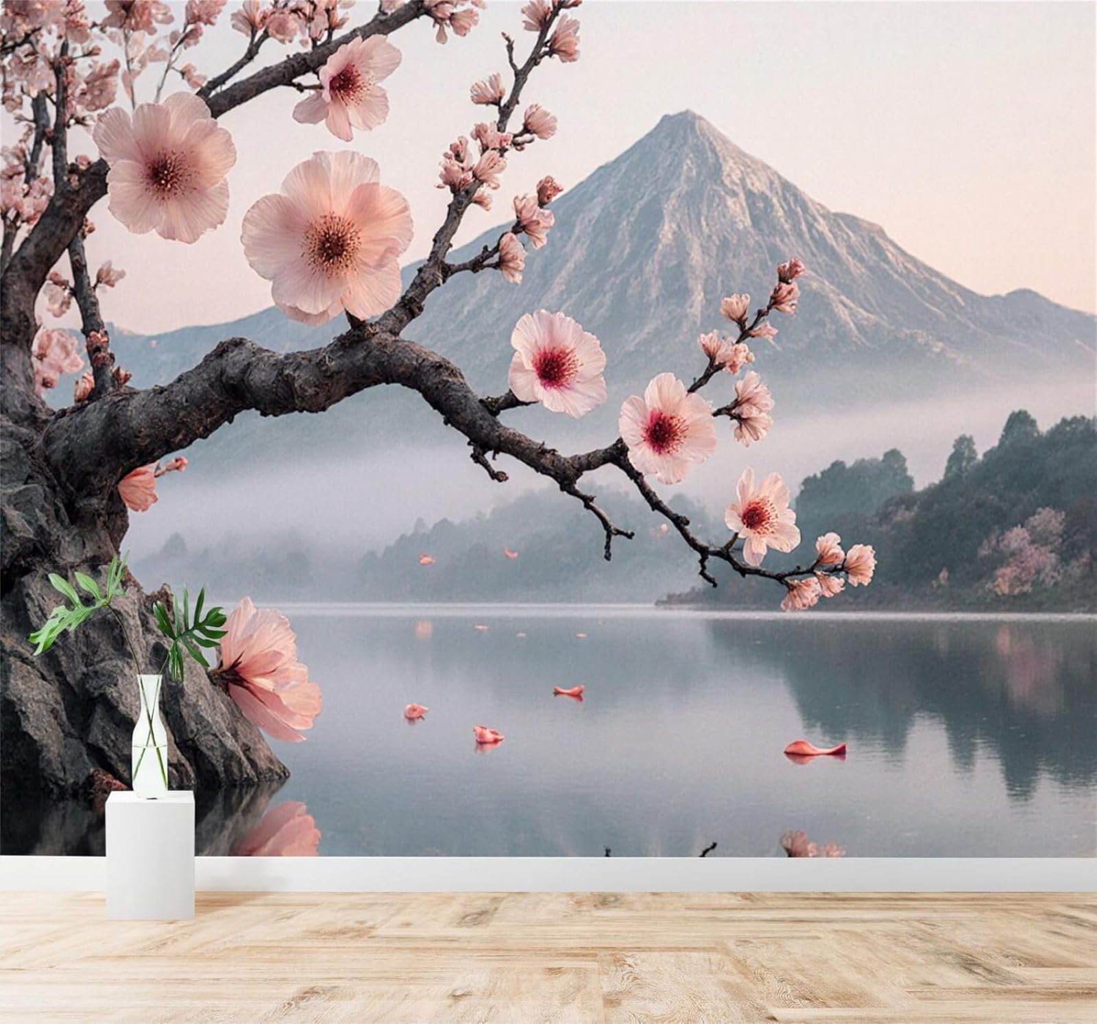 Xlming 400Cm×280Cm(B×H) Pink Cherry Blossoms Lake Mist Shrouded Mountains Forest Reflection 3D Wallpaper Premium Textured Silk Study Dining Living Room Bedroom Sofa Tv Wall Easy Install-400Cm×280Cm