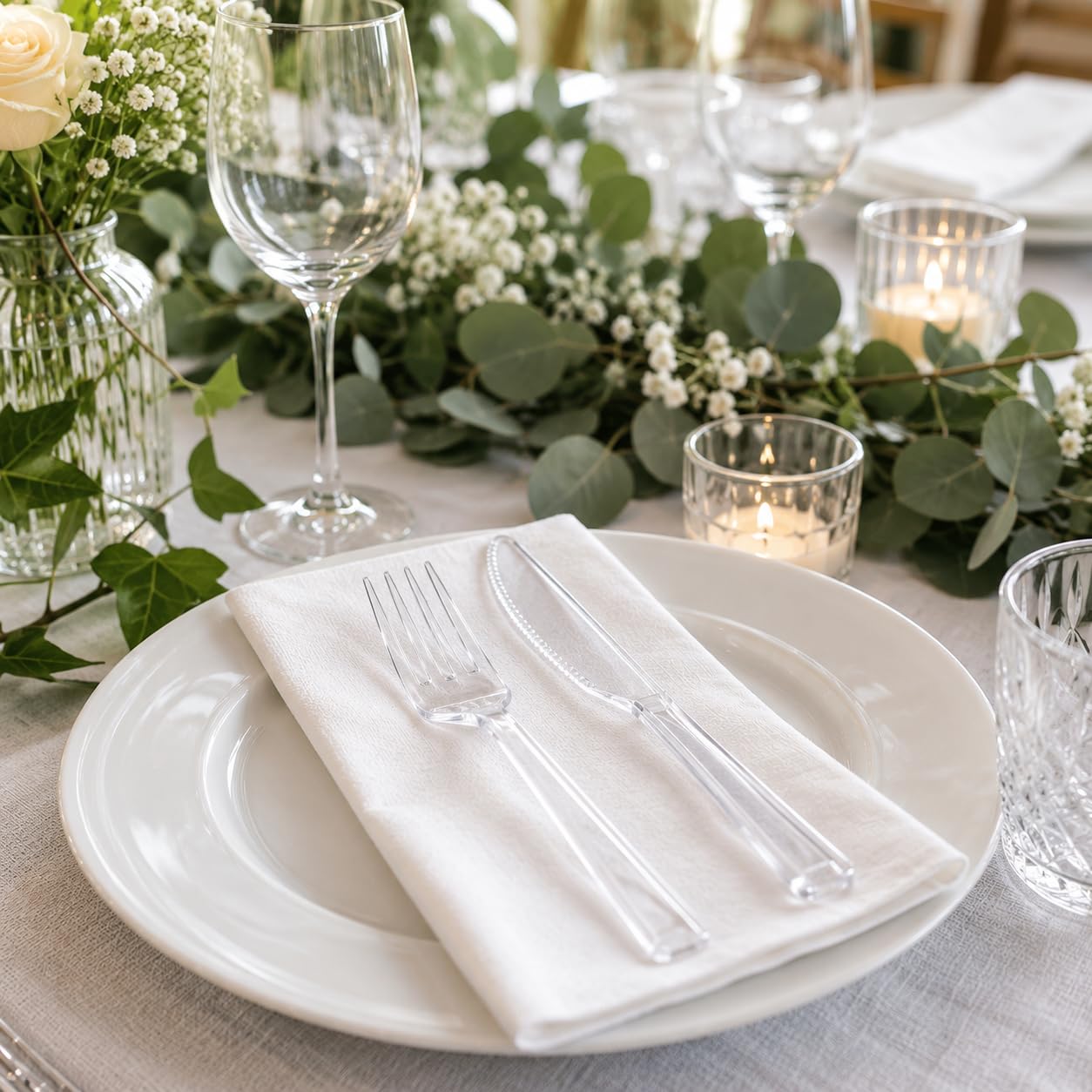 Kit Bis Posate Trasparenti Riutilizzabili, Forchetta e Coltello con Tovagliolo Monouso, Set Posate per Catering, Eventi, Ristoranti, Feste e Asporto 500 Pz