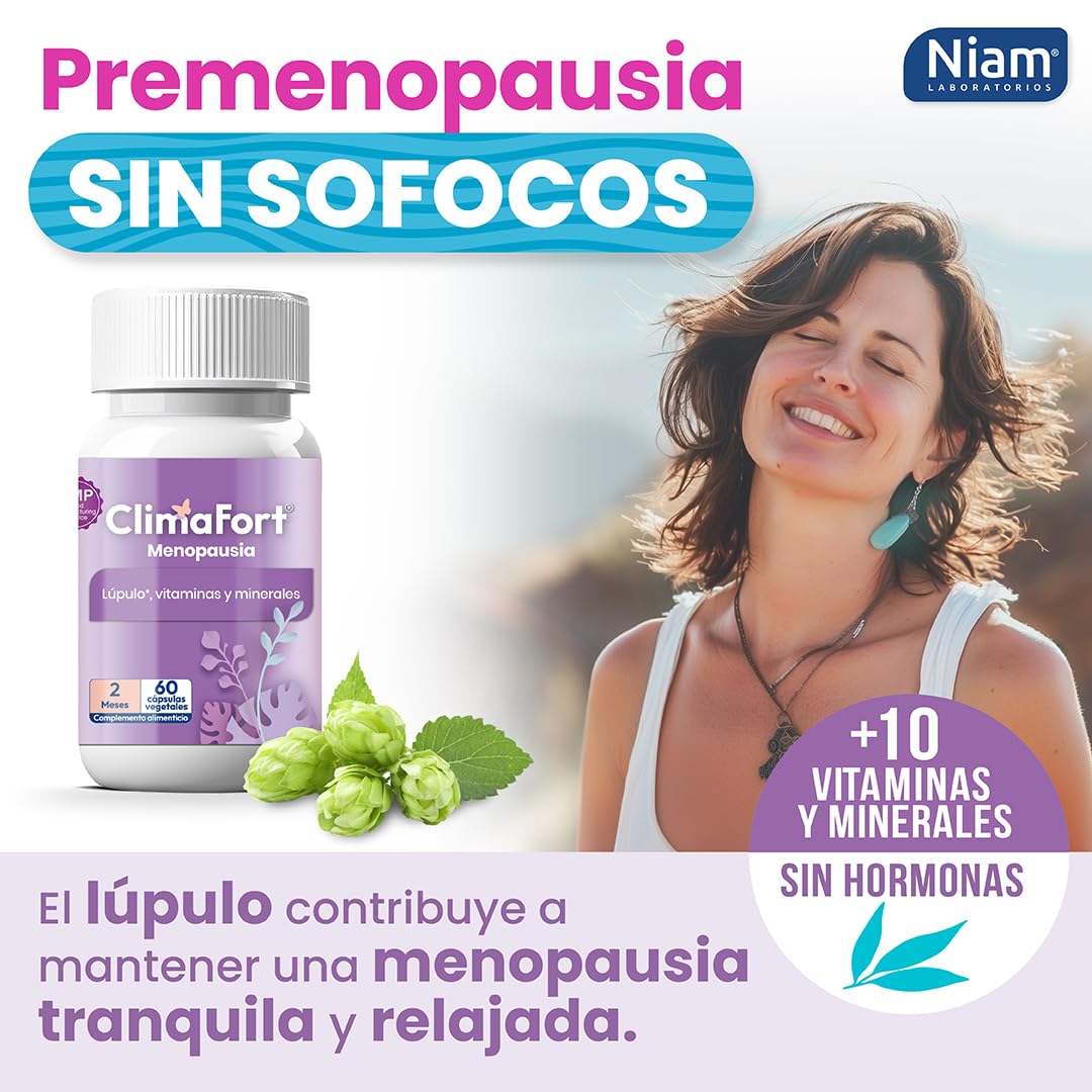 [60 cáps] ClimaFort Menopausia | Para 2 meses | Alivia Sofocos, Sudoración y otros Síntomas de la Premenopausia | Pastillas con Lúpulo, Vitaminas y Minerales | 1 al día | Pastillas Menopausia con Vitaminas y Minerales | Alivia Sofocos y Sudoración | Sin h