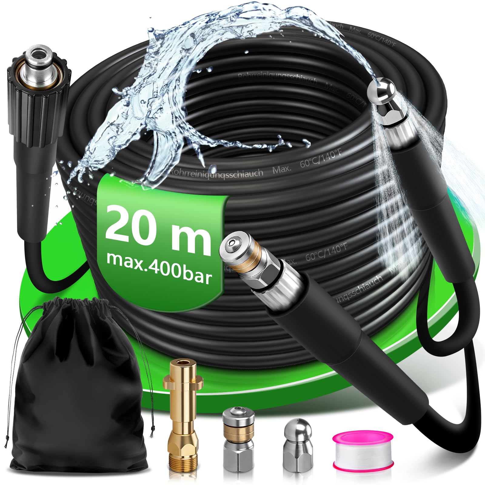Tuyau de nettoyage de canalisations de 20 m, 400 bar, 60 °C, compatible avec Kärcher K2, K3, K4, K5, K6, K7, kit de nettoyage de canalisations de qualité supérieure pour tuyaux et canalisations