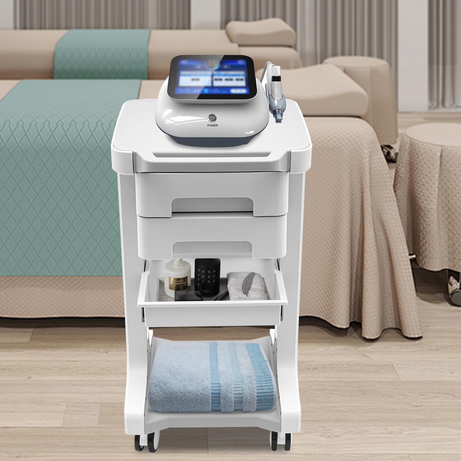 Carrello medico con 2 cassetti 41x41x67cm, carrello per salone di bellezza, carrello cosmetico, capacità di carico 50kg, carrello per salone di bellezza con vano portaoggetti, 4 ruote