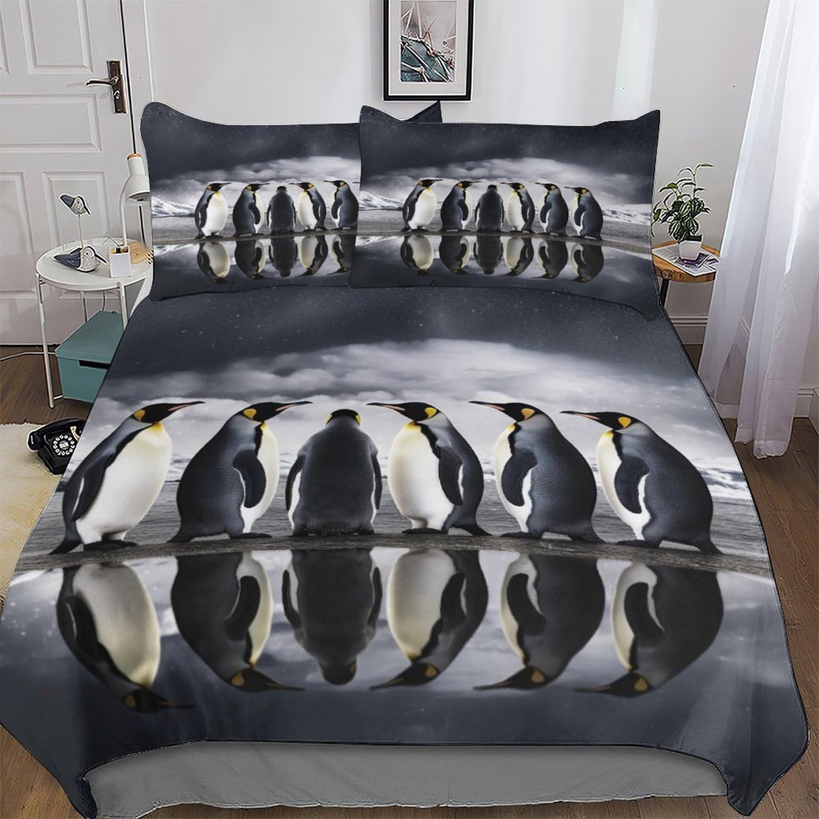 Pazzk Penguin Duvet Cover With Pillow Cases 2 Pcs Comforter Cover Bedding Set For Childrens And Adults Soft Microfiber With Zipper Closure Quilt Cover Single (135X200cm)