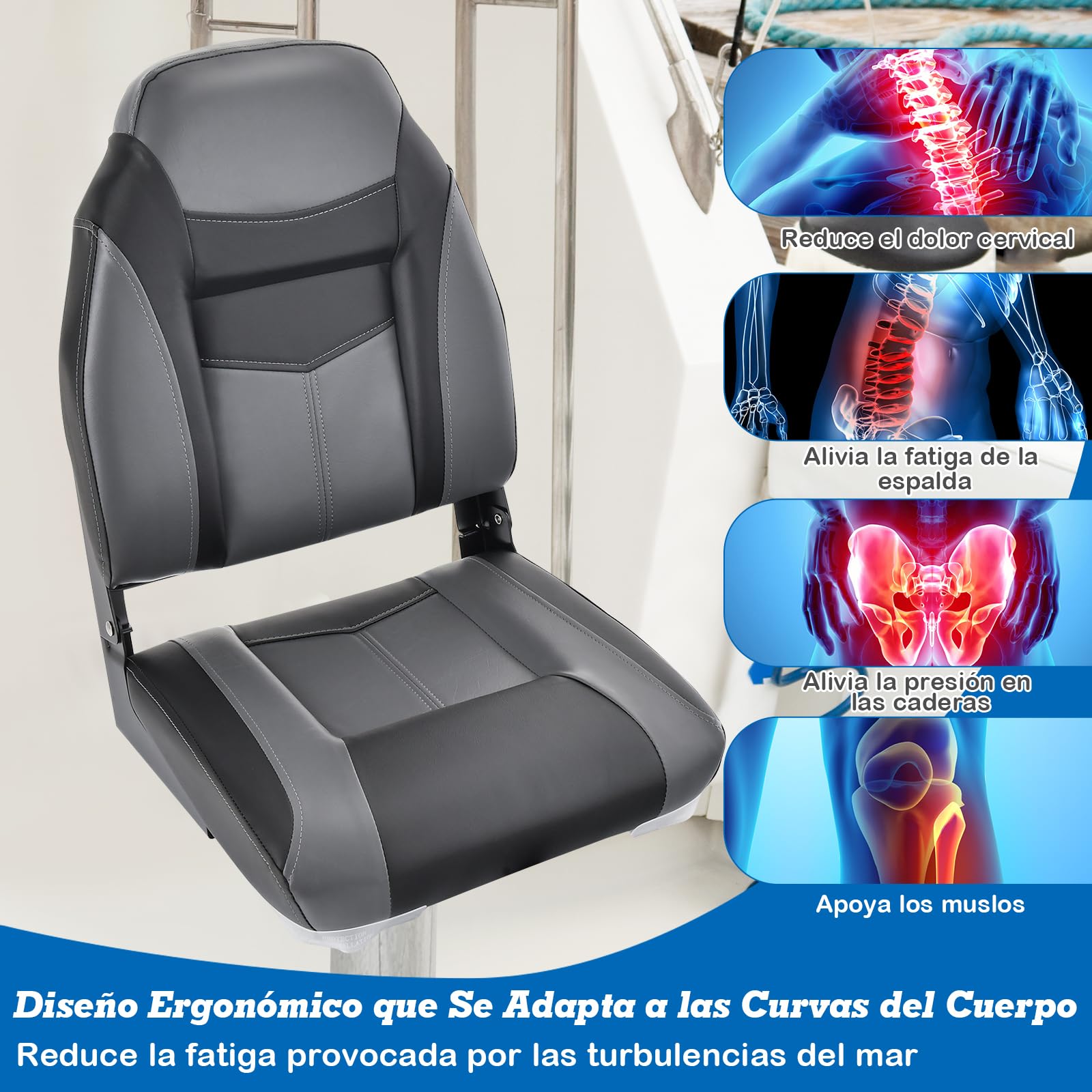 COSTWAY Asiento de Barco Plegable con Respaldo Alto, Asientos Barco con Cojín Acolchado Suave, Asiento de Capitán Plegable y Ergonómico, 42 x 50 x 51 cm(negro, 2)