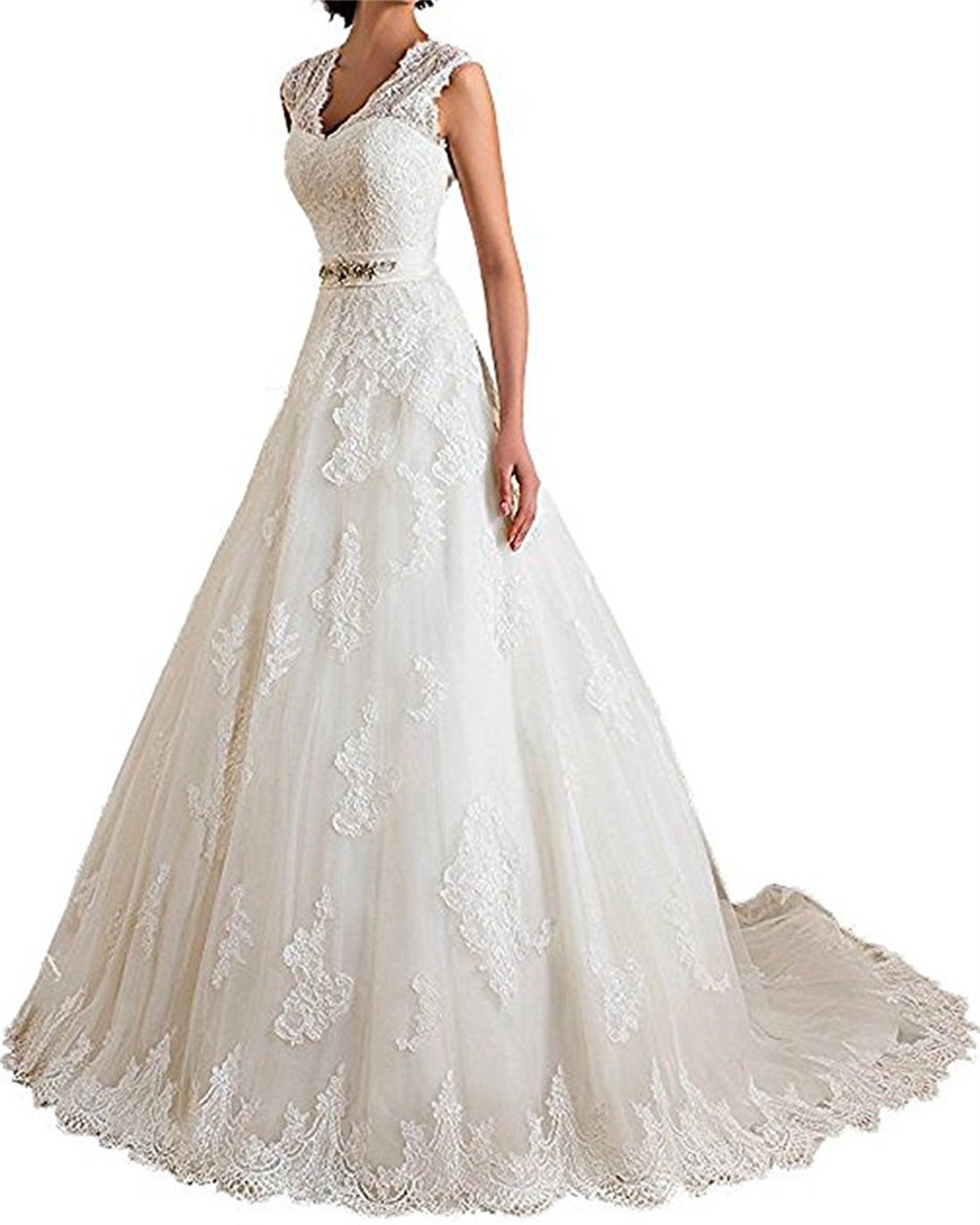 Coprispalle in Pizzo con Scollo a V a Doppio Giro Appliques A Line Abiti da Sposa per la Sposa 2019
