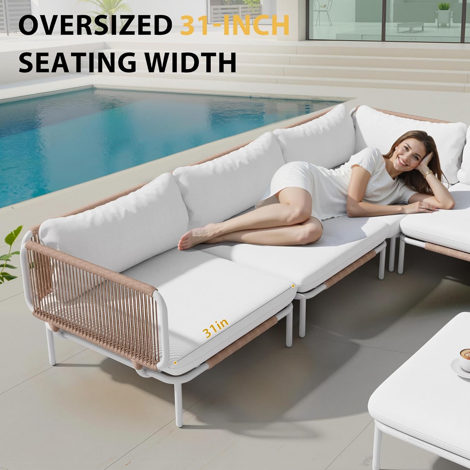 6 Piece Modern Outdoor Sectional Sofa, 31" Oversized Patio Furniture Set with Olefin Woven Rope, Weather-Resistant Metal Frame and Removable Cushion, Beige